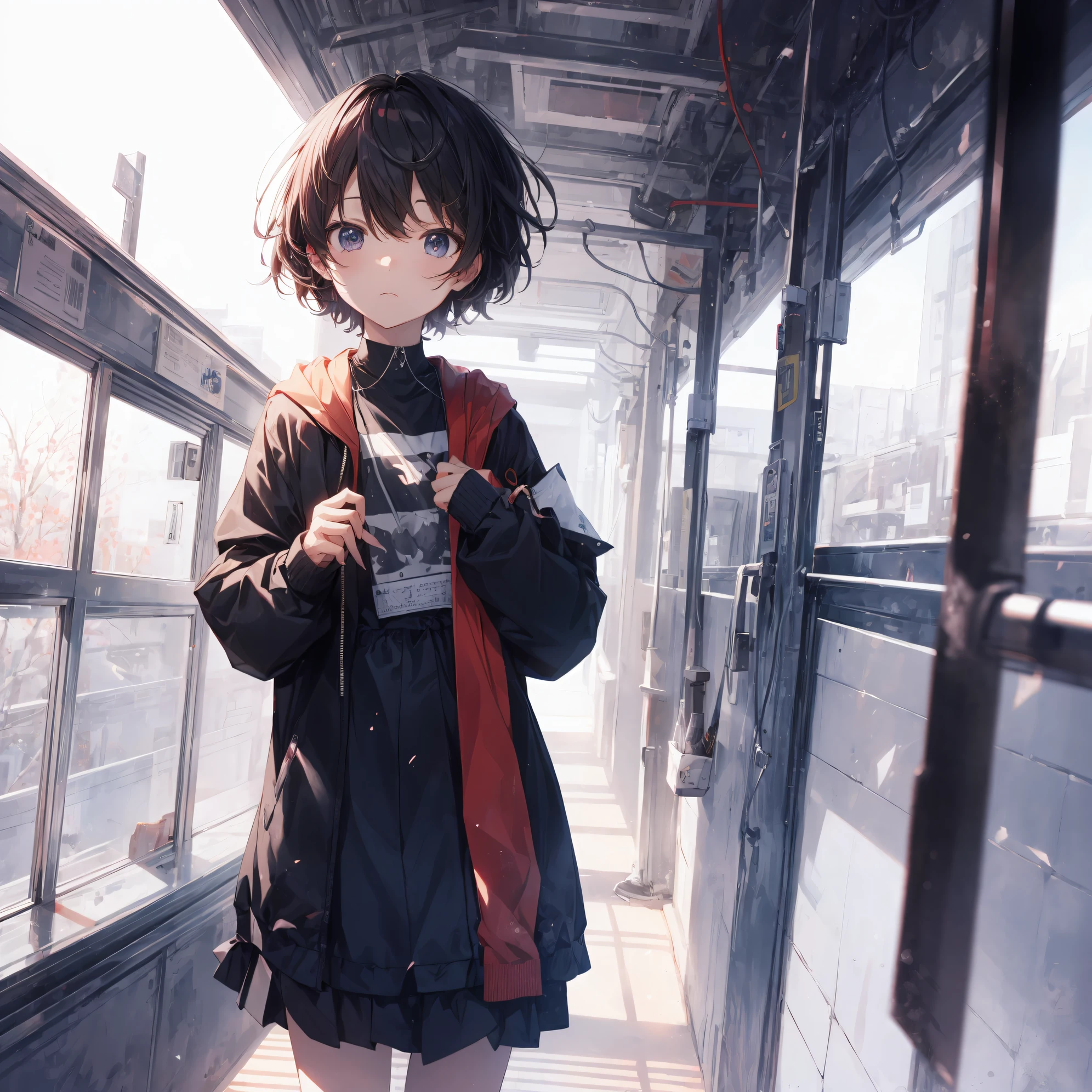 Super high quality by the art god, Ultra-detailed, High resolution, anime moe art style, Best Anime 8K Konachan Wallpapers, Pixiv Contest Winner, Perfect Anatomy, BREAK,(Draw a girl sleepily walking to school. ),BREAK, 1girl in, (Solo,Lori,child,13years:1.3),Full limbs, complete fingers,a junior high school student, Androgynous attraction, (Very short hair), Sleeping hair, hair messy, flat chest, Small butt, groin, Small eyes,Beautiful detailed black eyes, Well-proportioned iris and pupils, disgusted eye,  High resolution detailed hair, School uniform, Skirt, On the way to school. BREAK,super detailed skin, Best lighting by famous artists, 8K, Illustration,