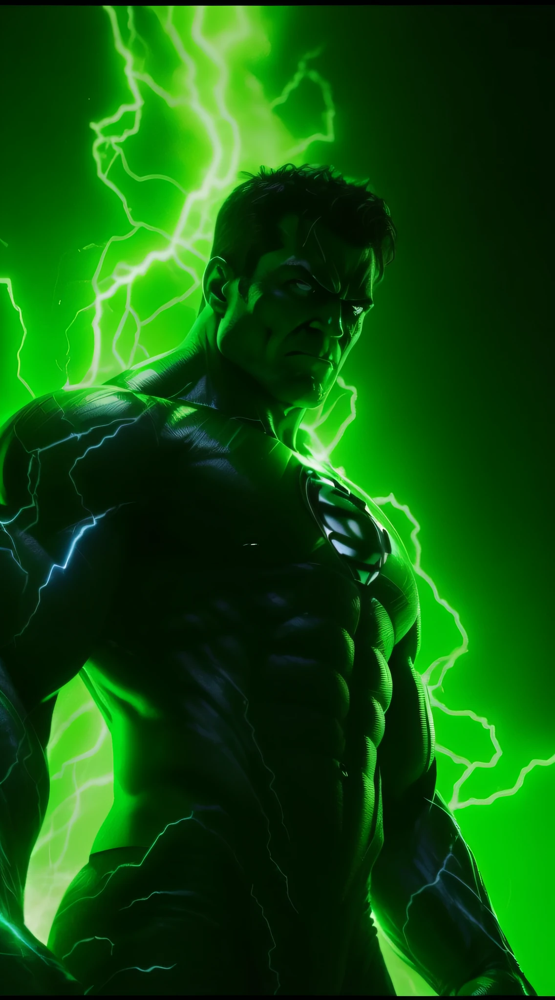a close up of a man with a green light on his chest, the green lantern, green lantern, green lightning, elon musk as the incredible hulk, tom holland as the hulk, crackling green lightning, hulk like physique, textless, the hulk, vfx shot, green body, green colored skin, dramatic green lighting, son goku as the incredible hulk
