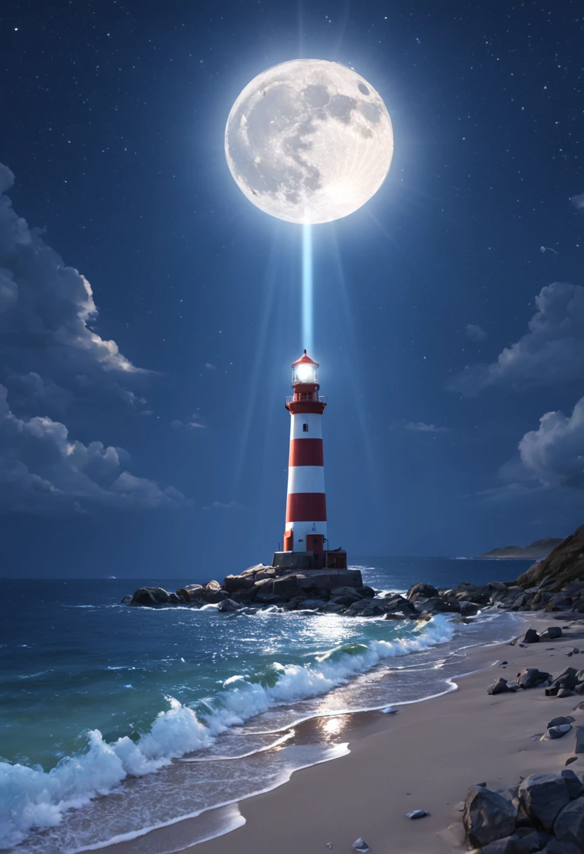 The nearby beach is dotted with colorful glowing stones in the distance，There is a lighthouse light，large moon，Fluorescent ocean，Moonlight and shining stars 3d，super wide viewing Angle，bird's eyes view，The moonlight shines on the star on the sea，Reflectors，CG，volumettic light，space art，Bio-luminescence，Unreal Engine5，Magic Light，super wide viewing Angle，bird's eyes view，super wide viewing Angle，8k 8k ar 9 16 zoom MJK relax moon，large moon，rays of moonlight，Urea，8K ultra-clear quality