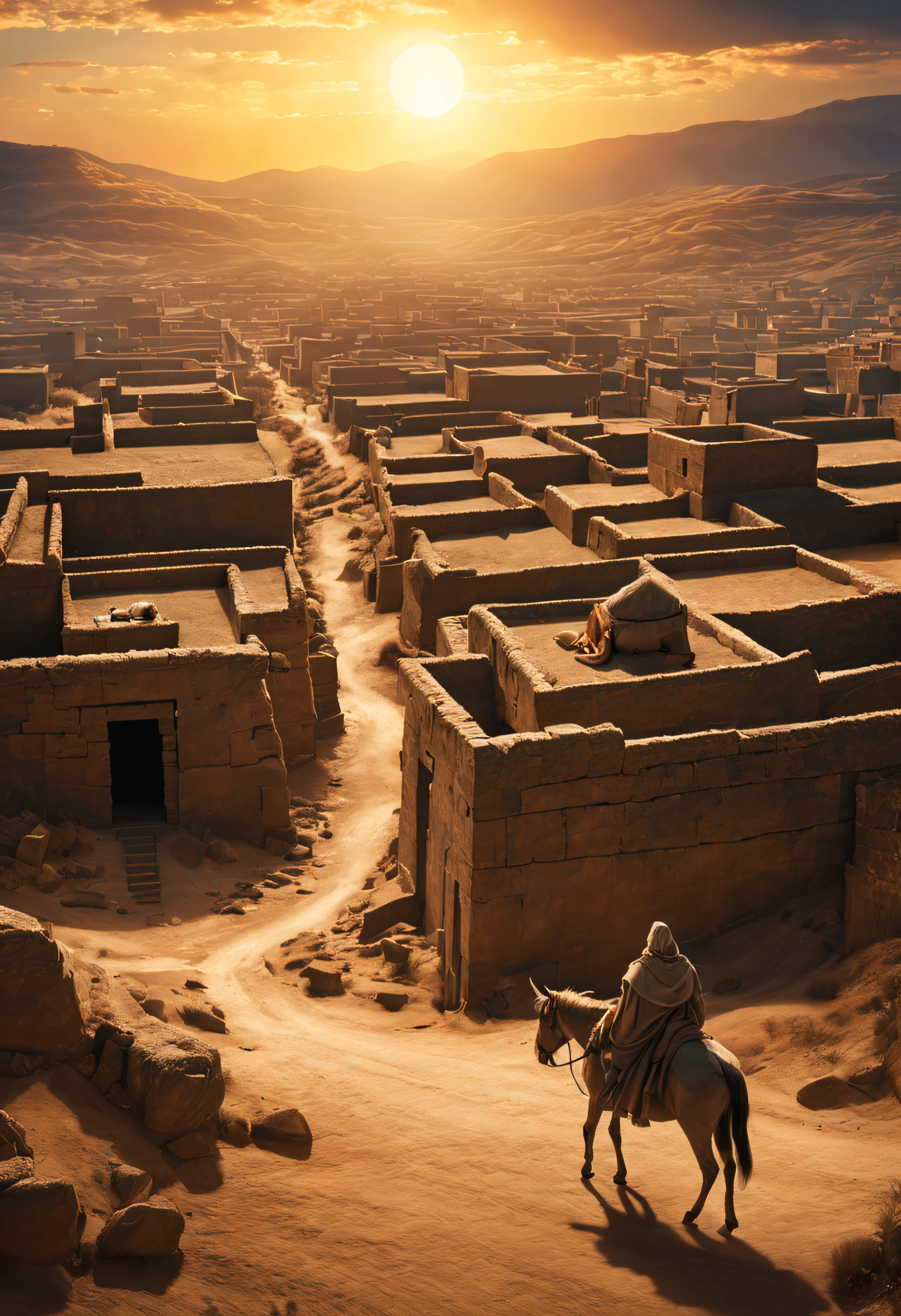 escena del antiguo testamento donde una familia en peregrinacion con un burro de carga se ve sorprendida con estupor, por la aparicion de frente con un objeto volador no identificado de altisima tecnologia que emite un rayo de luz hacia el suelo, In the background the city of Canaan as it was 3000 years ago, (detalles intrincados de la maquina de alta calidad), estilo cinematografico, nitidez absoluta, imagen 8k.(obra maestra).iluminacion nocturna lugubre,luz de luna, todo en un entorno mistico y mitologico.
