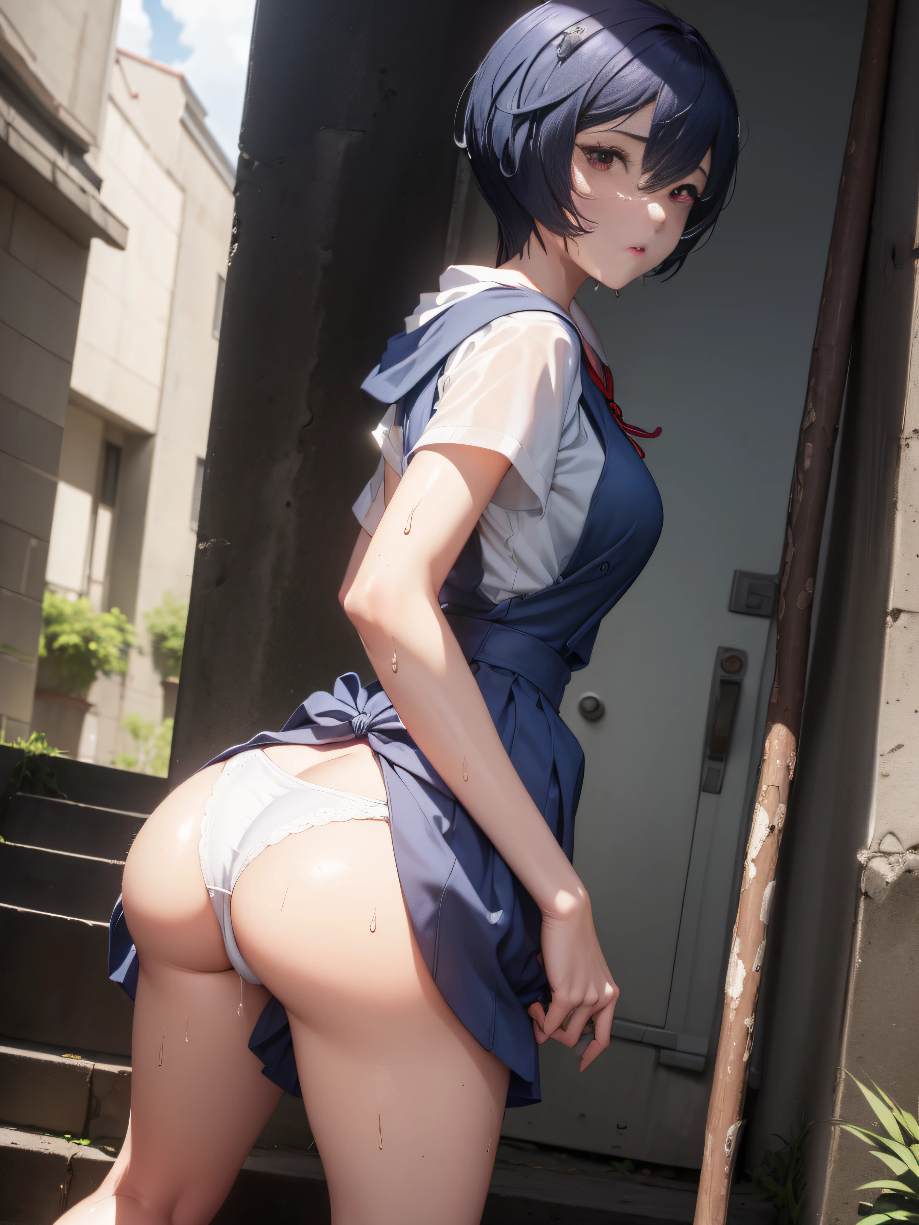 (masutepiece, Best Quality, Ultra-detailed, 8K, ), ((Perfect hands)), ((Perfect Anatomy)), medium cleavage, standing on the stairs of an abandoned concrete building、 ((Attractive anime 1 girl)), ((Rei Ayanami)), ((dark indigo short hair:1.5)),clean detailed faces、Look at the viewer,Red right eye:1.5, ((Junior high school uniform))、((white panties), , Kamimei , (cum in thigh:1.2),Raise your wet big buttocks straight up towards the viewer、 (((Stick out your big wet ass and turn around lightly)))、