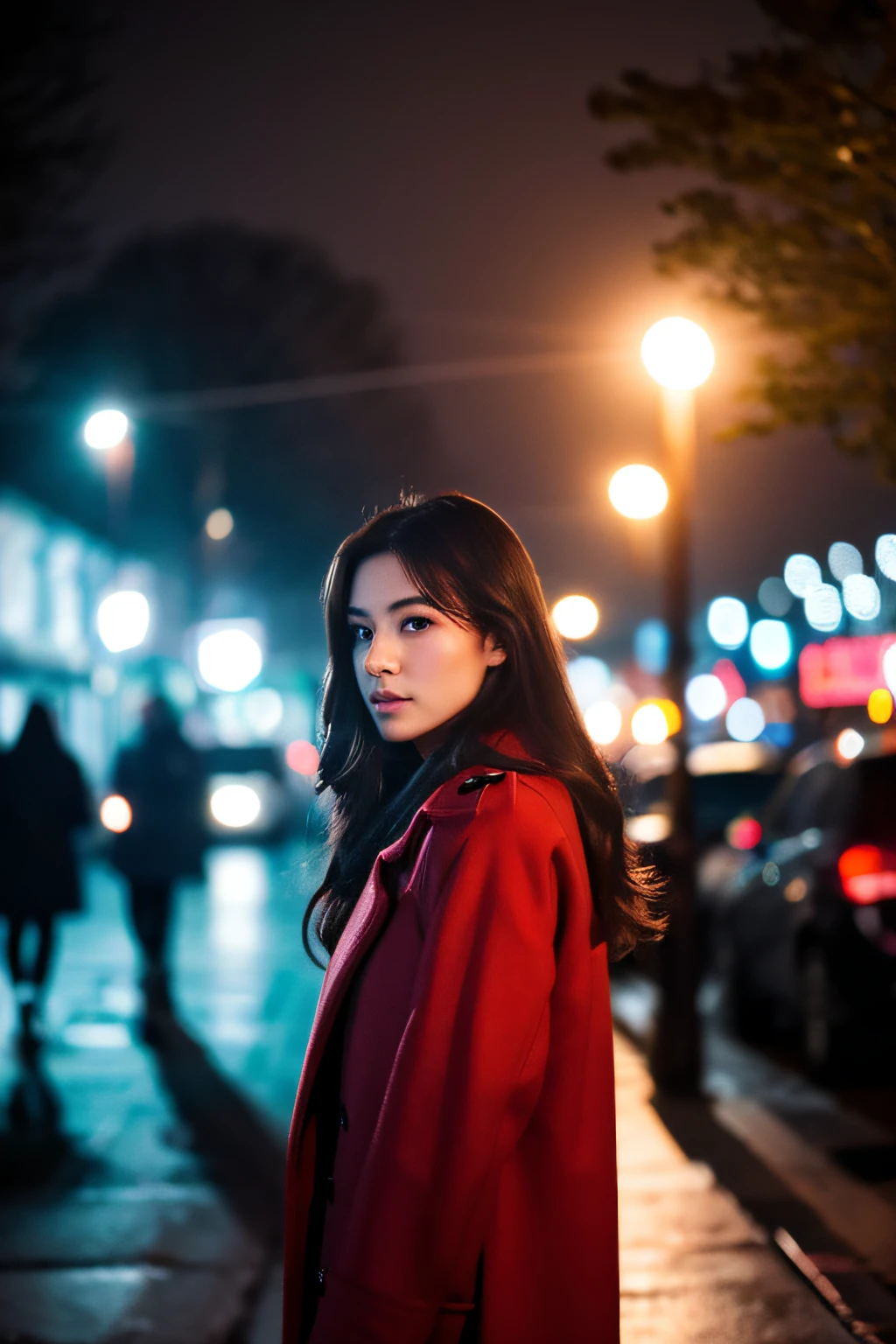 (masutepiece), raw, Photorealistic, rialistic photo, 8K, The tree々In the dark winter where the breeze sways, Everyone is walking down the street looking cold., There was a young woman wearing a conspicuous red coat and a can of coffee.. A cold woman waits for a meeting while keeping warm.The light of the street lamp illuminates her head, There is a large difference in brightness and darkness, making it look like a star spotlight..
