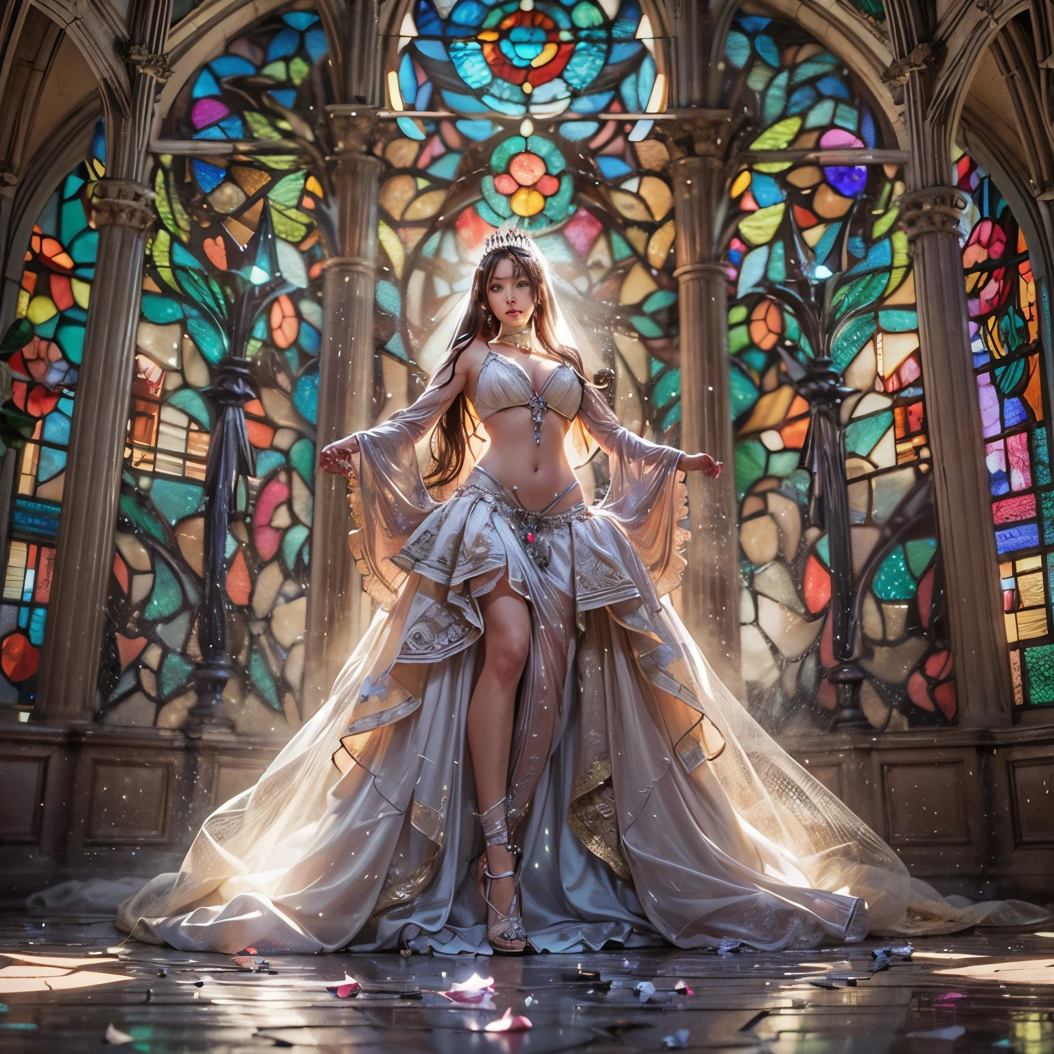 from below:1.2, (((masutepiece:1.35))), (((8K,Acutance))), (((hight resolution))), surrealism, god rays, Zoom Layer, (((photorealistic:1.37))), F/4.0, canon, Detailed glistening skin,Detailed face, Detailed eyes, Beautiful bride goddess, Princes Tiara, delicate lace knitted see-through wedding dresses, Mystical sight, ((Light shines through stained glass:1.2)), Gigantic Cleavage:1.37, Overflowing, Biomechanical HUGE and HEAVY boob, (navel), (brilliant simple ruby accessories), { ((correct hands))|((hidden hands)) }
