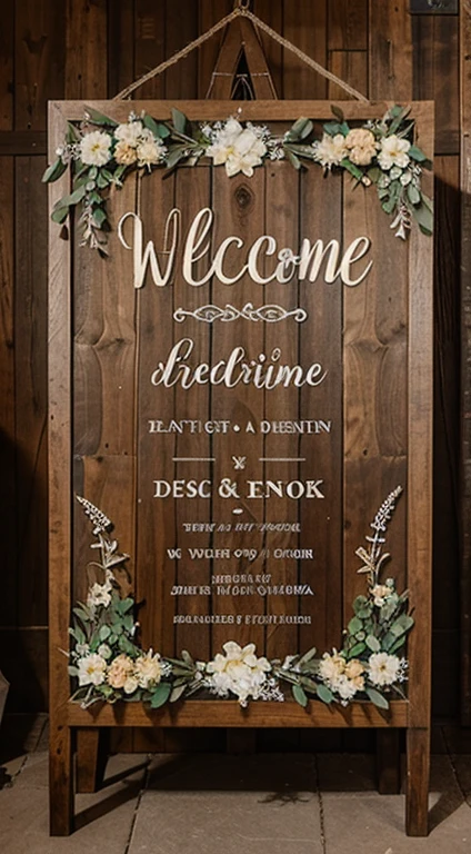 Design a wedding welcome sign immersed in rustic charm with wooden textures, delicate florals, and a handwritten script, setting the perfect scene for a countryside celebration.