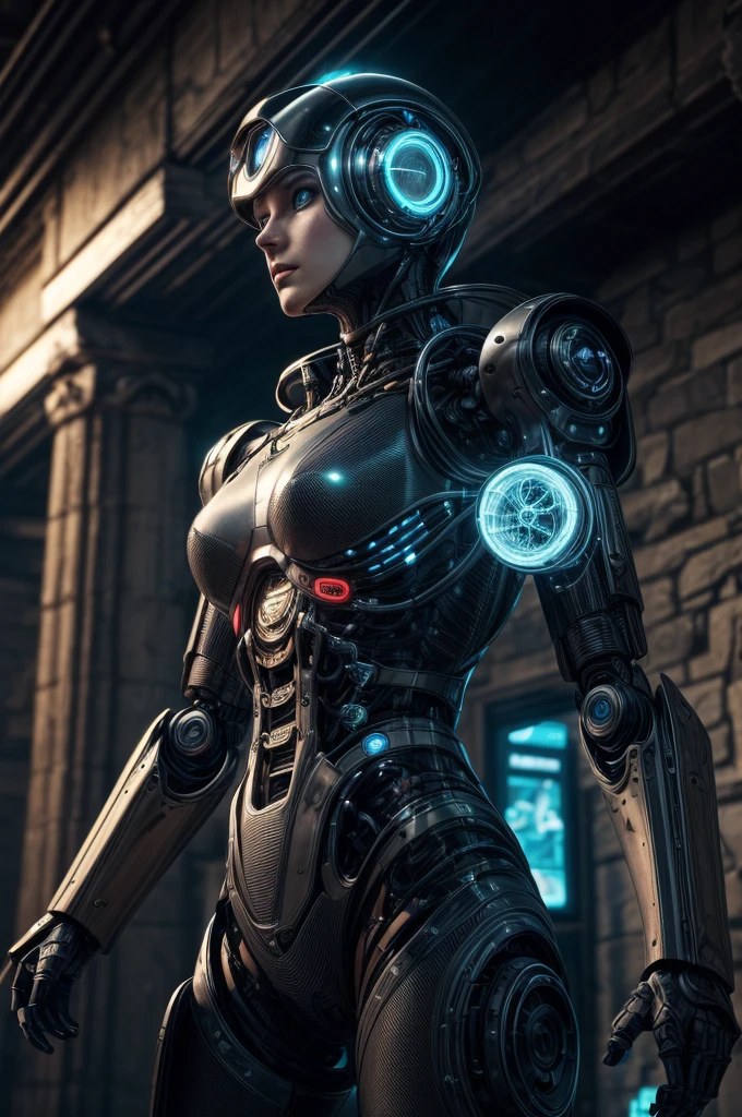 a Cyberpunk robot in Medieval world, gothic with Steampunk church background, Medieval Sci-Fi Fusion, futuristic, ultra-wide-angle, octane render, enhance, intricate, (best quality, masterpiece, Representative work, official art, Professional, unity 8k wallpaper:1.3)