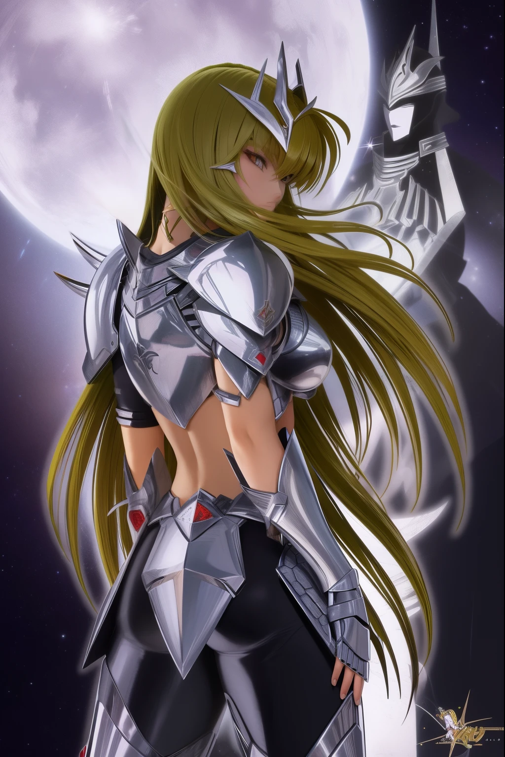 uma imagem dos desenhos animados de uma mulher em armadura com uma espada, Saint Seiya, knights of zodiac girl, portrait knights of zodiac girl, Deus grego no estilo mecha, coberto com armadura de prata completa, Arte Yugioh, wearing witchblade armor, O Marinheiro Galaxia. Beautiful, mas a armadura cobre seu rosto, inspirado por Rob Liefeld