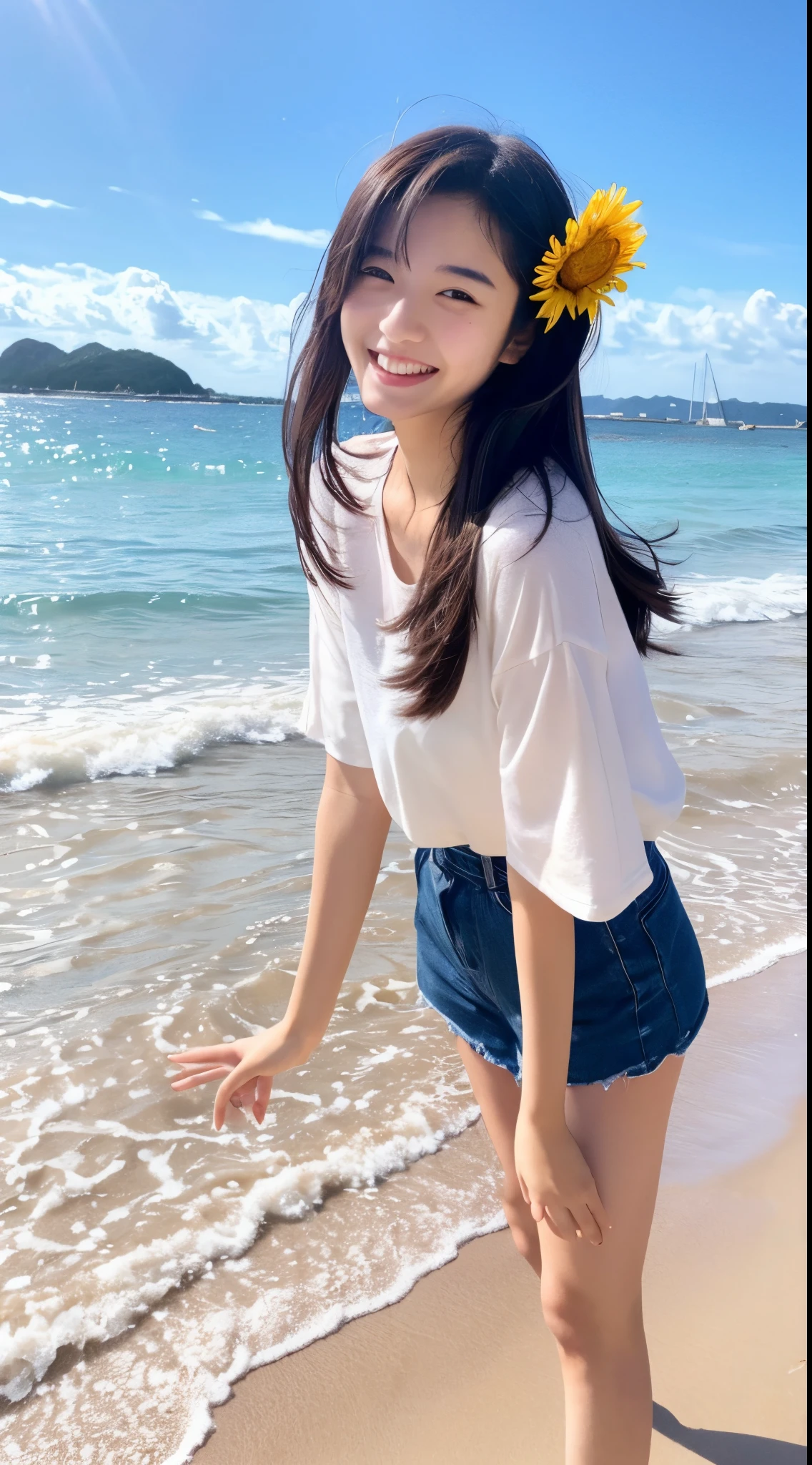 18year old、kawaii、tall、a smile、sand beach、Hands are out in front