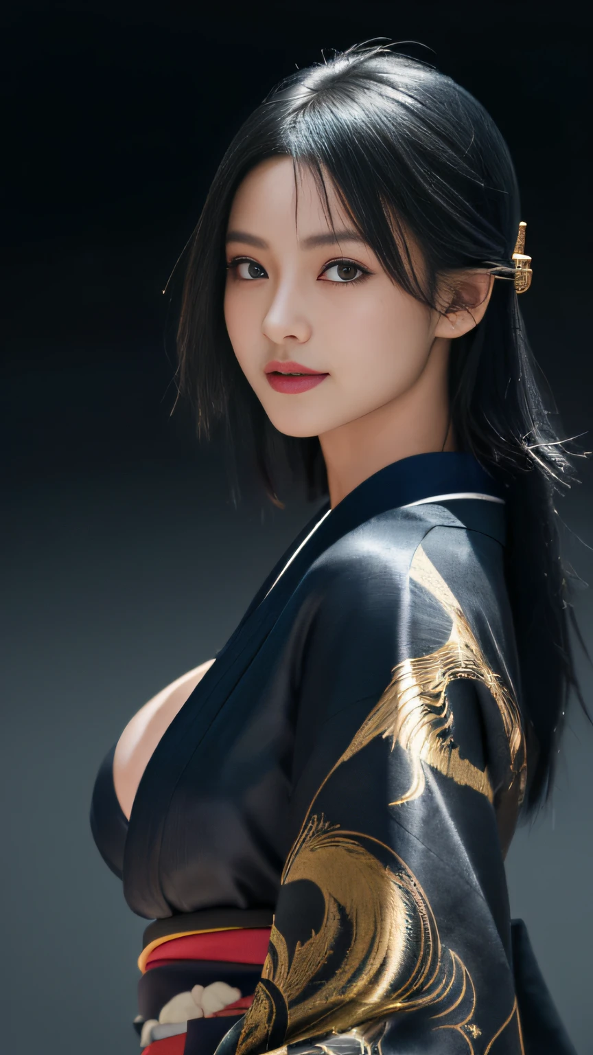 (Best Quality, masutepiece, Perfect face, detailed simmetric eyes), Dark blue hair, 20 year old European girl, Flirting smile in POV, In traditional gold of Japan&Black kimono, (Sexy Pose :1.2) Very detailed kimono texture, High contrast, (Natural Skin Texture, Hyper-Realism, Soft light, sharp), Night, kyoto, Fireworks go off:1.3), Dark theme, Soothing tones, Muted colors, High contrast, (Natural Skin Texture, Hyper-Realism, Soft light, sharp), nffsw, dramatic lights, (Sexy :1.2), (Charming :1.2) ,(Random View :1.2) High contrast, photorealistic digital art trending on Artstation 8k HD high definition detailed realistic, Detailed, Skin Texture, hyperdetails, Realistic skin texture, armor, Best Quality, Ultra High Resolution, (Big breasts: 1.4)