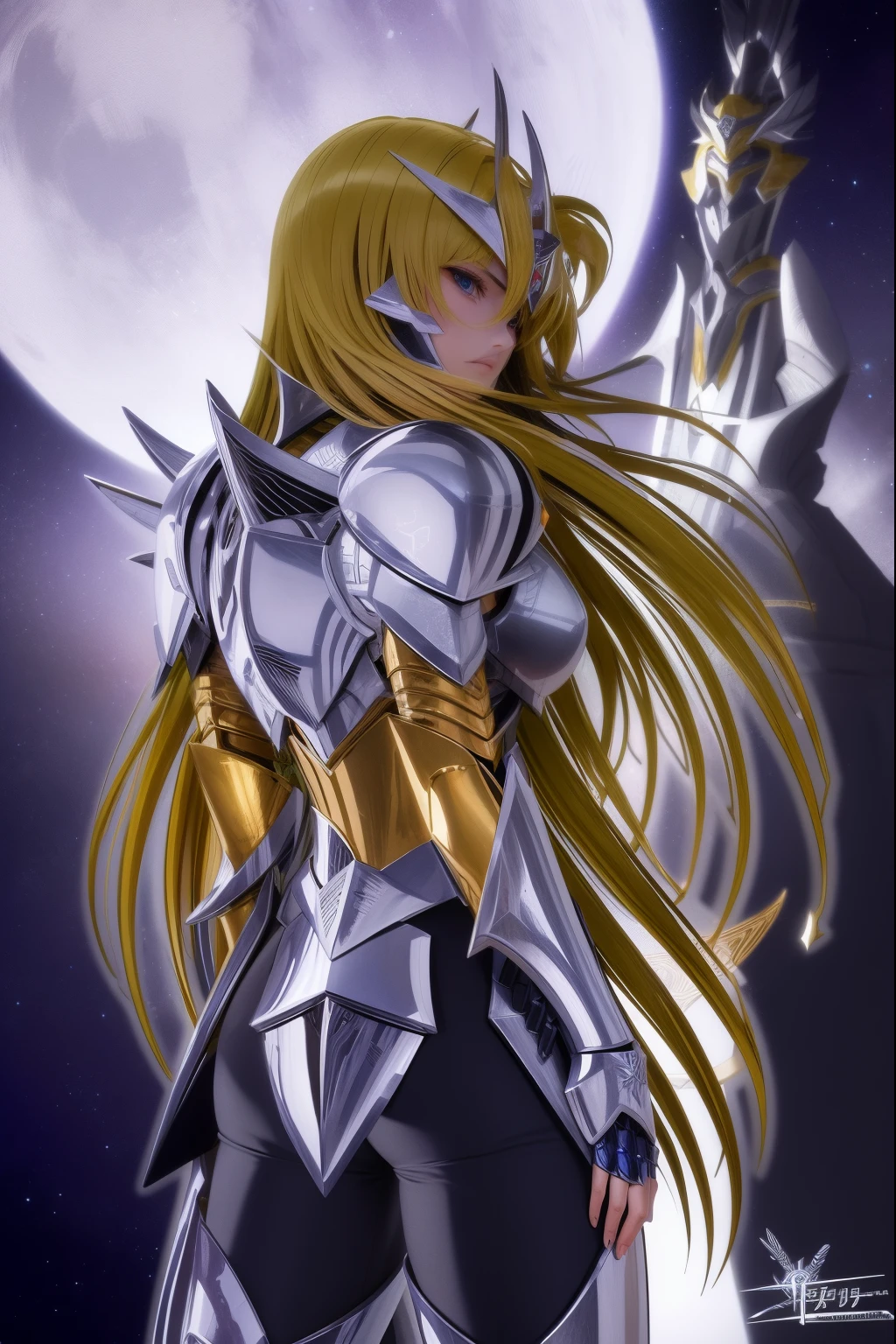 uma imagem dos desenhos animados de uma mulher em armadura com uma espada, Saint Seiya, knights of zodiac girl, portrait knights of zodiac girl, Deus grego no estilo mecha, coberto com armadura de prata completa, Arte Yugioh, wearing witchblade armor, O Marinheiro Galaxia. Beautiful, mas a armadura cobre seu rosto, inspirado por Rob Liefeld