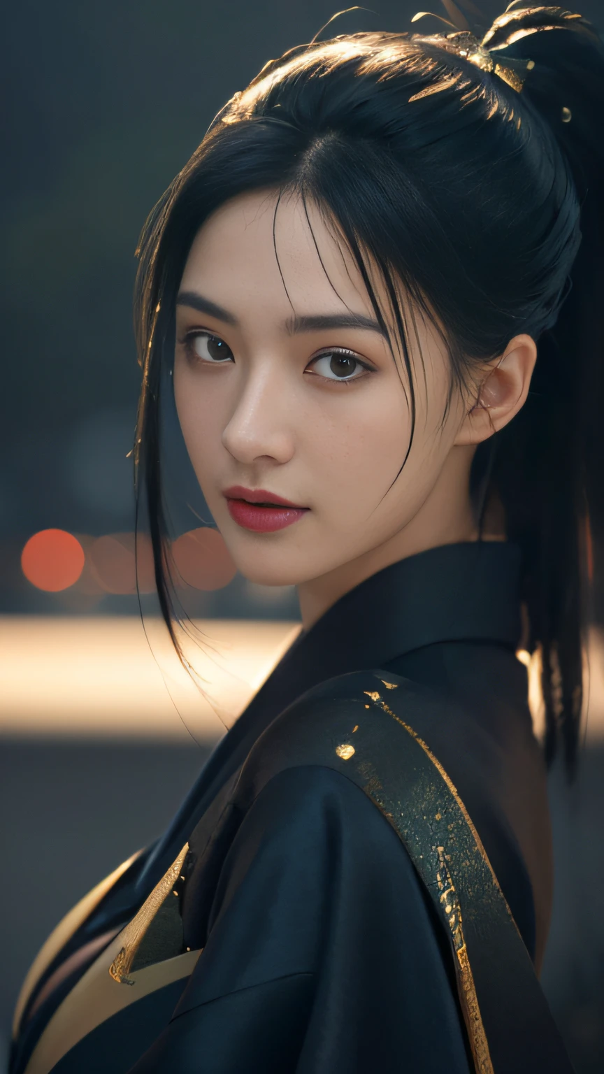 (Best Quality, masutepiece, Perfect face, detailed simmetric eyes), Dark blue hair, 20 year old European girl, Flirting smile in POV, In traditional gold of Japan&Black kimono, (Sexy Pose :1.2) Very detailed texture of the kimono, High contrast, (Natural Skin Texture, Hyper-Realism, Soft light, sharp), Night, kyoto, Fireworks go off:1.3), Dark theme, Soothing tones, Muted colors, High contrast, (Natural Skin Texture, Hyper-Realism, Soft light, sharp), nffsw, dramatic lights, (Sexy :1.2), (Charming :1.2) ,(Random View :1.2) High contrast, photorealistic digital art trending on Artstation 8k HD high definition detailed realistic, Detailed, Skin Texture, hyperdetails, Realistic skin texture, armor, Best Quality, Ultra High Resolution, (Big breasts: 1.4)