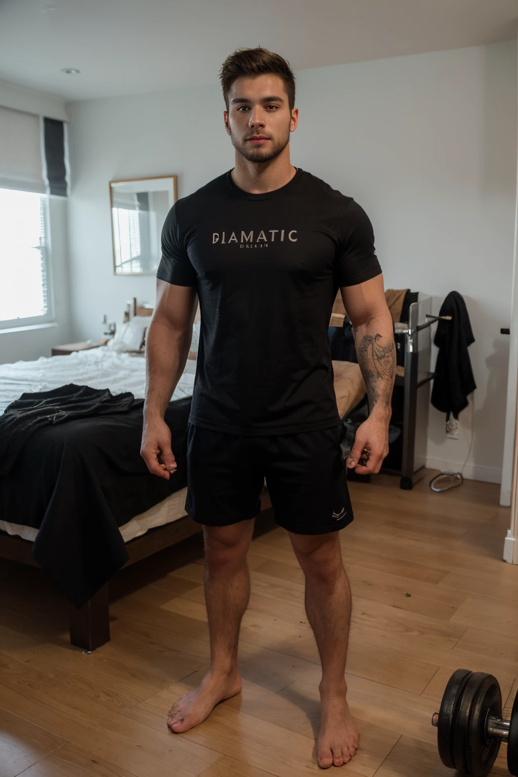 ((best quality)), ((masterpiece)), (detailed), perfect face,
Handsome guy, 24 years old, good looking, gohtic, hacker, nice body, dominant, black clothing, standing in his bedroom. lifting dumbells