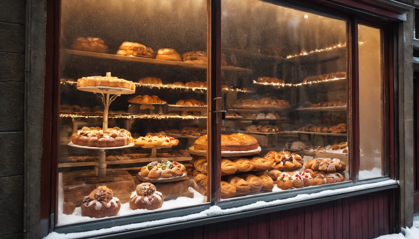 Breathtaking cinematic photo of a real Hyperrealistic christmas ((close-up photo)) of a (((the window of a bakery with a variety of Christmas cakes with pastries))),((view from the street)), street vendors village covered with snow at daytime,((snow is falling)), ((people walking on the street))), (((bakery, confectionery, shops))) with illuminated windows, ,vivid colors, extremely high-resolution details, photorealism, realistic lifelike textures, masterpiece, best quality, photograph, intricate details, sharp focus, photography, photorealism, photorealistic, 8k, volumetric light, (intricate details), (hyperdetailed), hdr, high detailed, high quality, soft cinematic light, dramatic atmosphere, atmospheric perspective, ultra realistic, neutral colors, cinematic lighting, sharp focus, wide angle, film grain, dslr, raw photo,