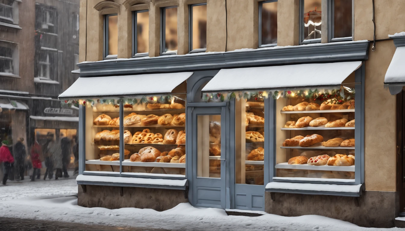 Breathtaking cinematic photo of a real Hyperrealistic christmas ((close-up photo)) of a (((the window of a bakery with a variety of Christmas cakes with pastries))),((view from the street)), street vendors village covered with snow at daytime,((snow is falling)), ((people walking on the street))), (((bakery, confectionery, shops))) with illuminated windows, ,vivid colors, extremely high-resolution details, photorealism, realistic lifelike textures, masterpiece, best quality, photograph, intricate details, sharp focus, photography, photorealism, photorealistic, 8k, volumetric light, (intricate details), (hyperdetailed), hdr, high detailed, high quality, soft cinematic light, dramatic atmosphere, atmospheric perspective, ultra realistic, neutral colors, cinematic lighting, sharp focus, wide angle, film grain, dslr, raw photo,