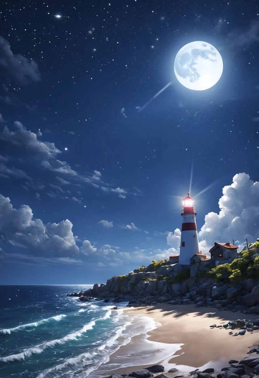 The nearby beach is dotted with colorful glowing stones in the distance,There is a lighthouse,large moon,Fluorescent ocean,Moonlight and shining stars 3d,Ultra-wide viewing angle,bird's eyes view,Moonlight fills the stars on the sea,reflector,CG,volumettic light,space art,Bio-luminescence,Unreal Engine5,Magic Light,Ultra-wide viewing angle,bird's eyes view,Ultra-wide viewing angle,8k 8k ar 9 16 zoom MJK relax moon,large moon,rays of moonlight,urea,8K ultra-clear picture quality