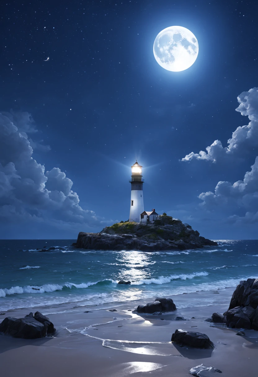 The nearby beach is dotted with colorful glowing stones in the distance，There is a lighthouse，large moon，Fluorescent ocean，Moonlight and shining stars 3d，Ultra-wide viewing angle，bird's eyes view，Moonlight fills the stars on the sea，reflector，CG，volumettic light，space art，Bio-luminescence，Unreal Engine5，Magic Light，Ultra-wide viewing angle，bird's eyes view，Ultra-wide viewing angle，8k 8k ar 9 16 zoom MJK relax moon，large moon，rays of moonlight，urea，8K ultra-clear picture quality