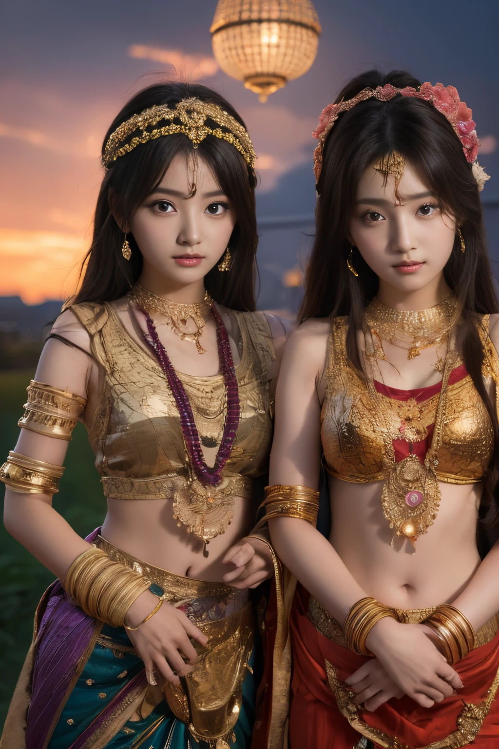 two girls anime who are a devotee of krishna,The proportions are the same for all races, All faces and pictures must be different, ulzzang -6500-v1.1, (Raw photo:1.2), (Photorealsitic), Beautiful detailed, (Real: 1.4), extremely detailed eye and face, beatiful detailed eyes,