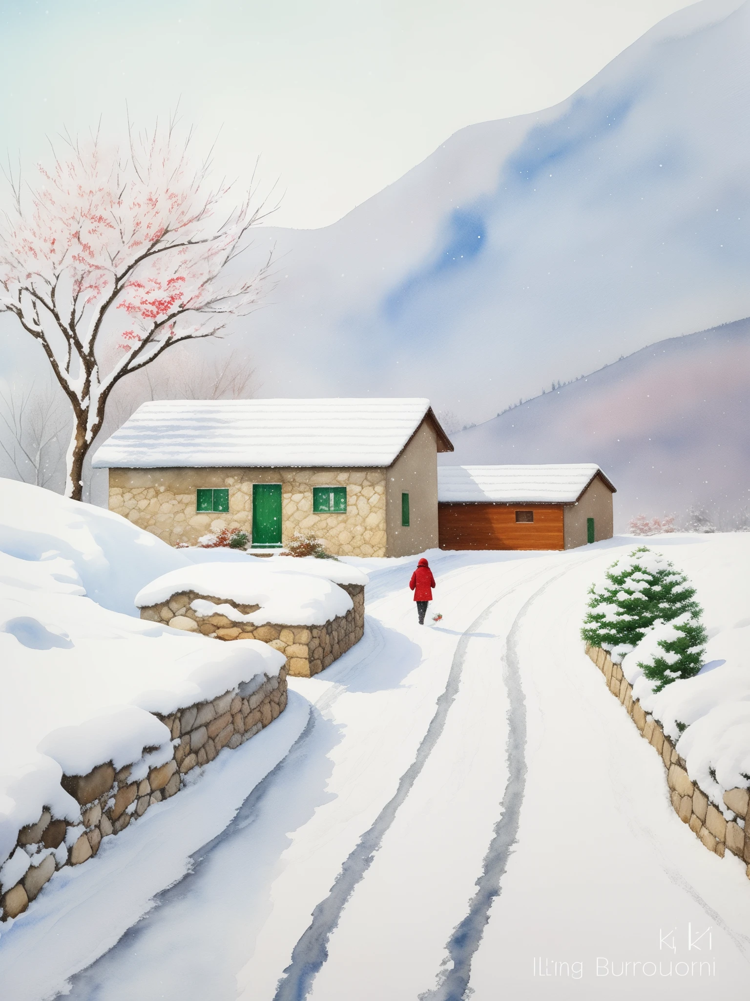 The painting shows a person walking on the snowy road in front of the house, winter painting, author：Yang Borun, Renato Musillo, beautiful artist rendering, traditional art, Snowy winter, author：Li Keran, during snowfall, watercolor paiting, Snow falls, snowfall, snow landscape, Winter in the snow, yuki, snowy days, Snowy Land, Watercolor painting