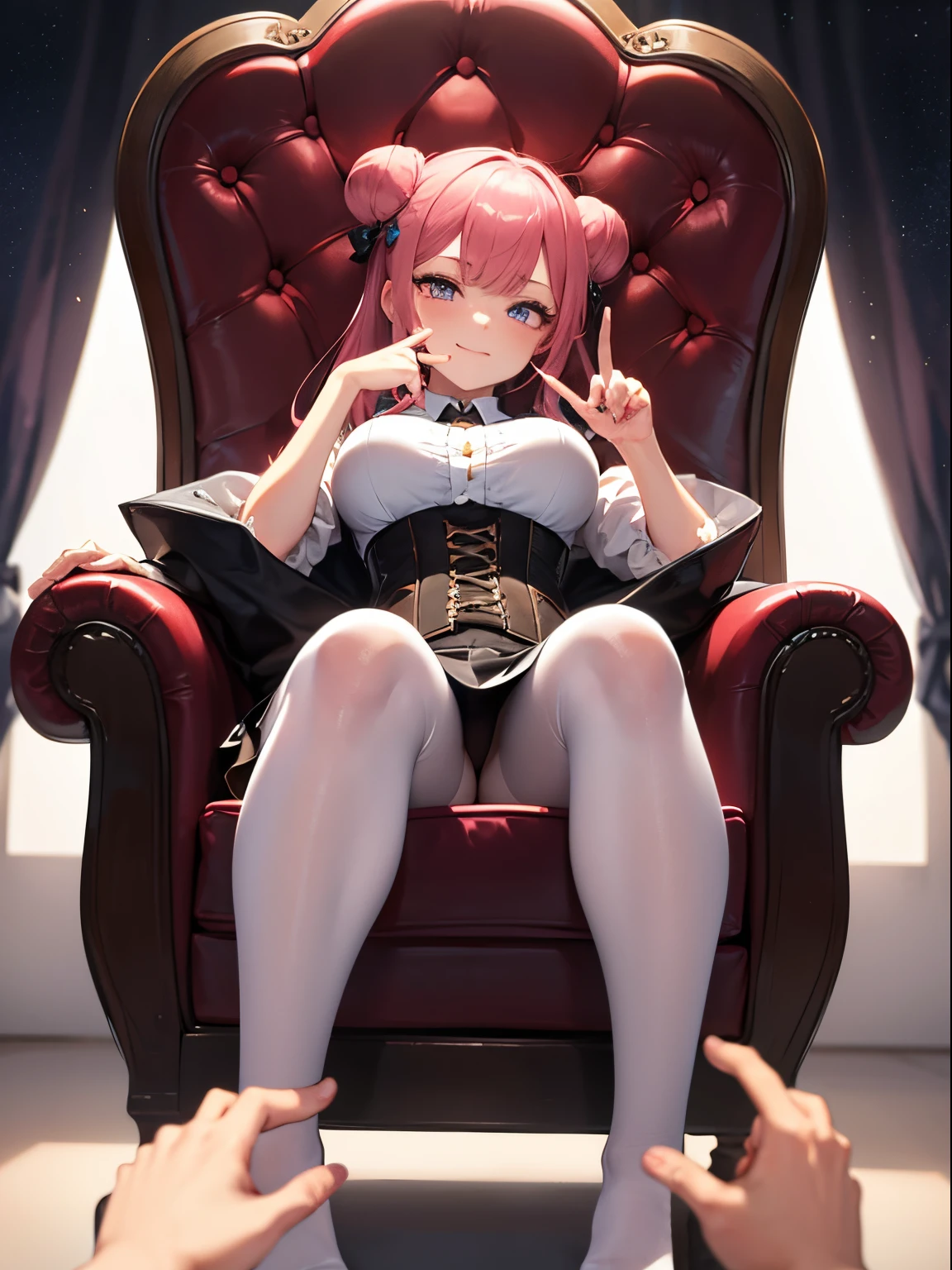 sexy anime girl, cute face, big bust, redpink hair, spacebun hair, purple eyes, corset top, pantyhose, showing middle finger, middle finger, smug face, showing soles, showing feet, perspective from below, pov below, sitting on chair