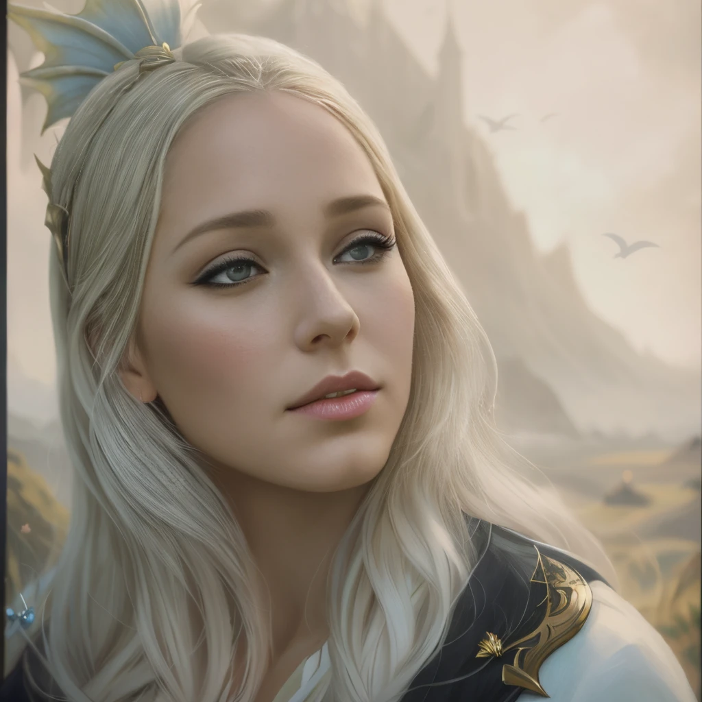 Arafed blonde woman with a dragon head and a white dress, the dragon girl portrait, graphic artist magali villeneuve, realistic fantasy illustration, fantasy art portrait, inspired by Magali Villeneuve, magali villeneuve', Portrait of a Dragon, hyperrealistic fantasy art, fantasy portrait art, Detailed matte fantasy portrait, fantasy portrait, beautiful fantasy art portrait