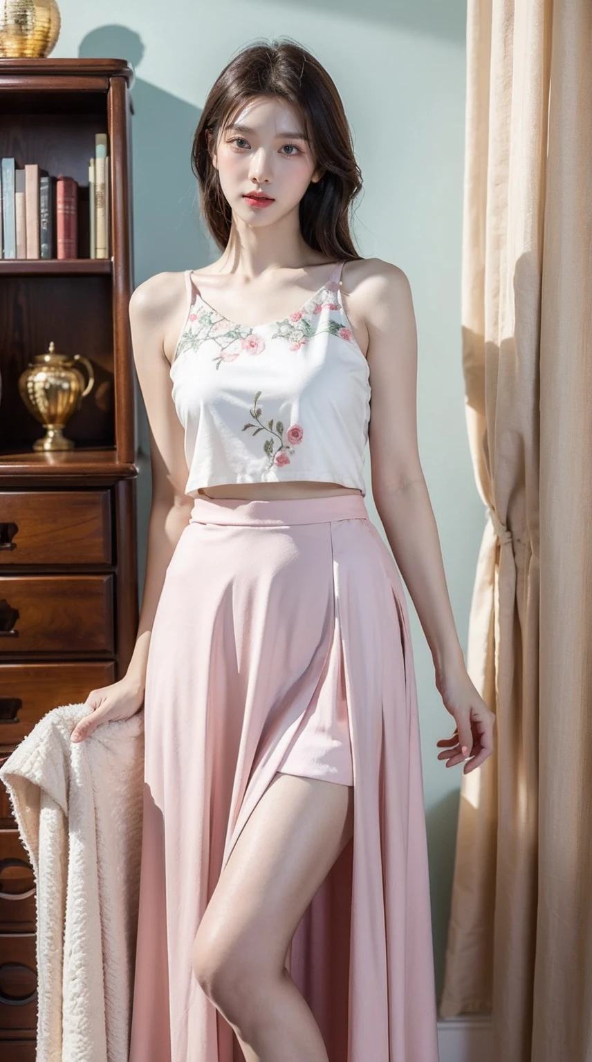 cropped shoulders，A woman in oriental clothing stands in a room with decorations,long  skirt,fully body photo，in a panoramic view， light sky blue and pink style, Cute and dreamy,light beige and, retro academia, elegant white outfit, white and emerald green, Light white style, light pink and light gold, retro academia, chinapunk, embroidery, Loose and fluid style, Luminous quality, Influenced by ancient Chinese art, Best quality colorful clothes,4K,8K,A high resolution,tmasterpiece:1.2),ultra - detailed,(actual,realistically,realistically:1.37),(8K, RAW photos, Best quality, tmasterpiece:1.2), (realistically, actual:1.4), (profesional lighting, 电影灯光, gentlesoftlighting, bright:1.2),Exquisite, ultra - detailed, The beautiful, Extremely detailed eyes and face