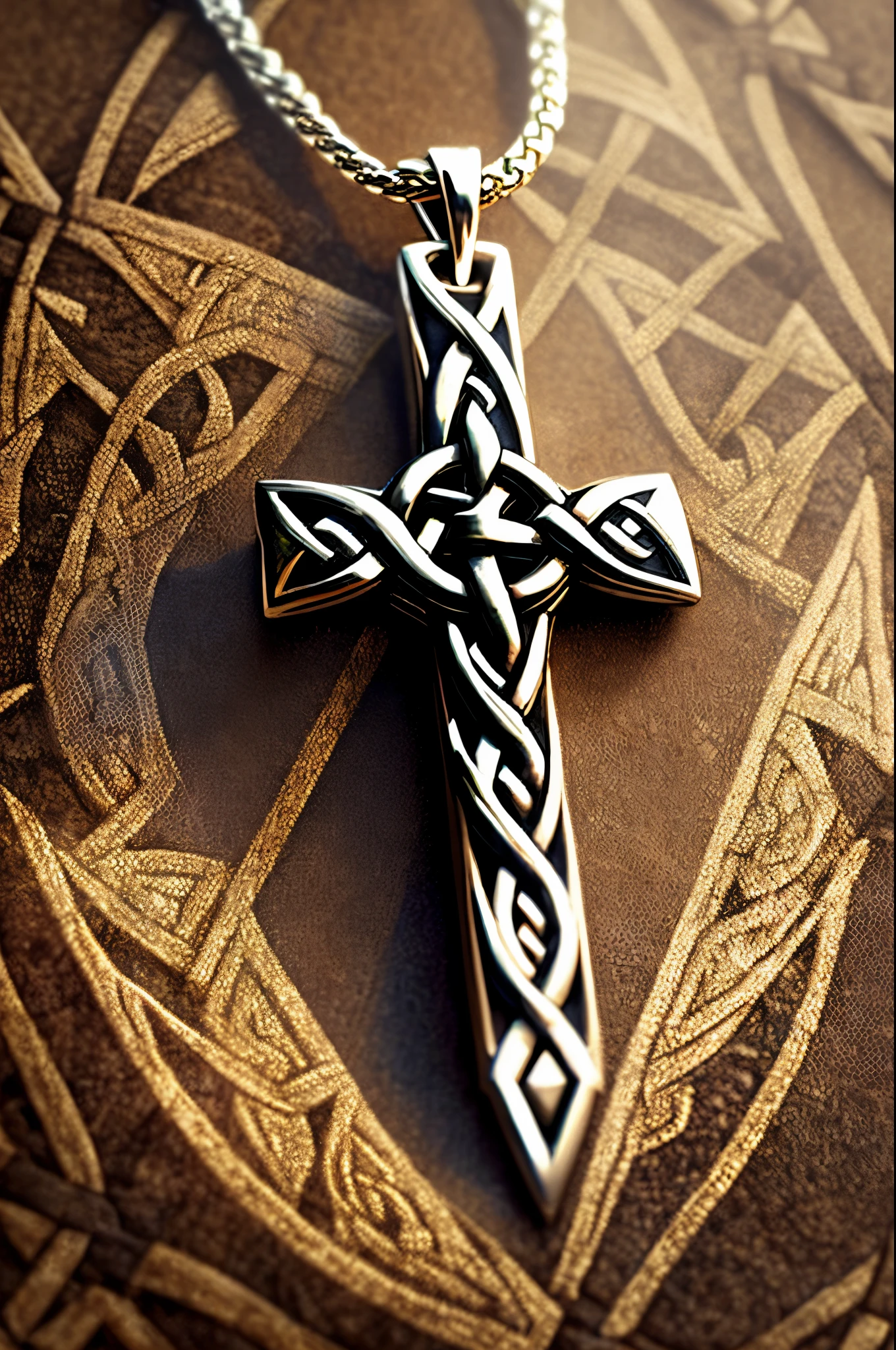 Silver celtic cross pendant with chain on black background, celtic symbols, celtic art style, Celtic Norse Frankish, 3D Celtic Knot, celtic knot, There are silver runes on it, celtic knot, Celtic design, Celtic culture, celtic art, celtic golden symbols, Crystal Celtic, celtics, The Anka symbol around the neck, Wearing a Celtic tattoo