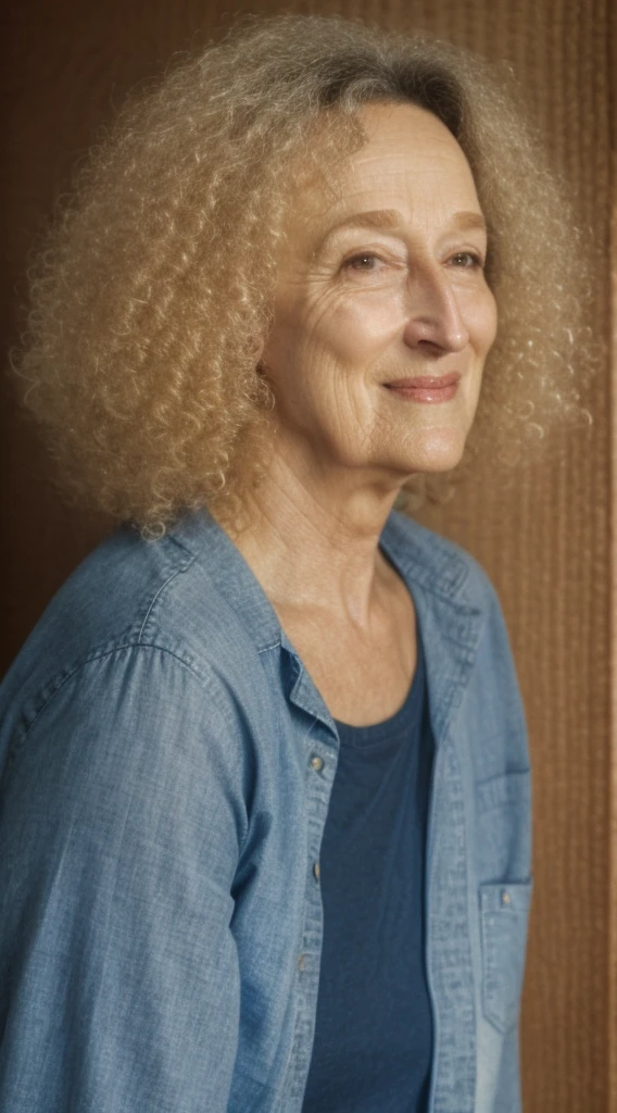 there is a woman with curly hair and a loose-fitting shirt and jeans, this person does not exist, ugly woman, unattractive, nora ephron-meryl streep-carol kane-andrea martin-theresa may merged, entire body visible, full body, hyperrealistic, best quality, 8K, masterpiece, extremely intricate, detailed eyes, detailed face, detailed body, exaggerated features, pronounced features, fujifilm