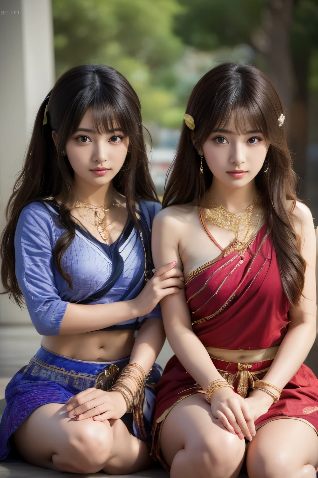 two girls anime who are a devotee of krishna,The proportions are the same for all races, All faces and pictures must be different, ulzzang -6500-v1.1, (Raw photo:1.2), (Photorealsitic), Beautiful detailed, (Real: 1.4), extremely detailed eye and face, beatiful detailed eyes,