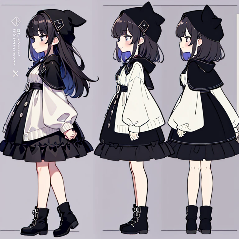 Chara Sheet,character reference sheet, 1 girl, CharacterDesignSheet, ((front-facing view, from side view)) symmetrical elements in clothing,the same character, Clothes simulation detection similar to CLO, Awesome designer, full body Esbian,Kuromi,Images of girls, Better hands, black tone, quill, Girly, Sweet Decoration,, dreamy scene, exquisitedetails, Small and exquisite, Sweet atmosphere, Romantic elements, Girlish emotions, Black, Purple and white clothes, cute purple decoration, Sweet smile,minidress,A dark-haired,Black hood,Black hoodie,Purple eyeshadow,Black platform boots,lots of ruffles,Bedwetting