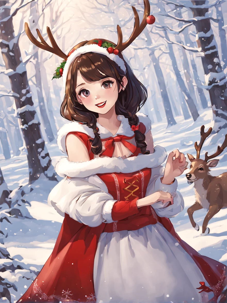 girl，Christmas costumes，Reindeer antlers，ssmile，snow white forest，Christmas Day