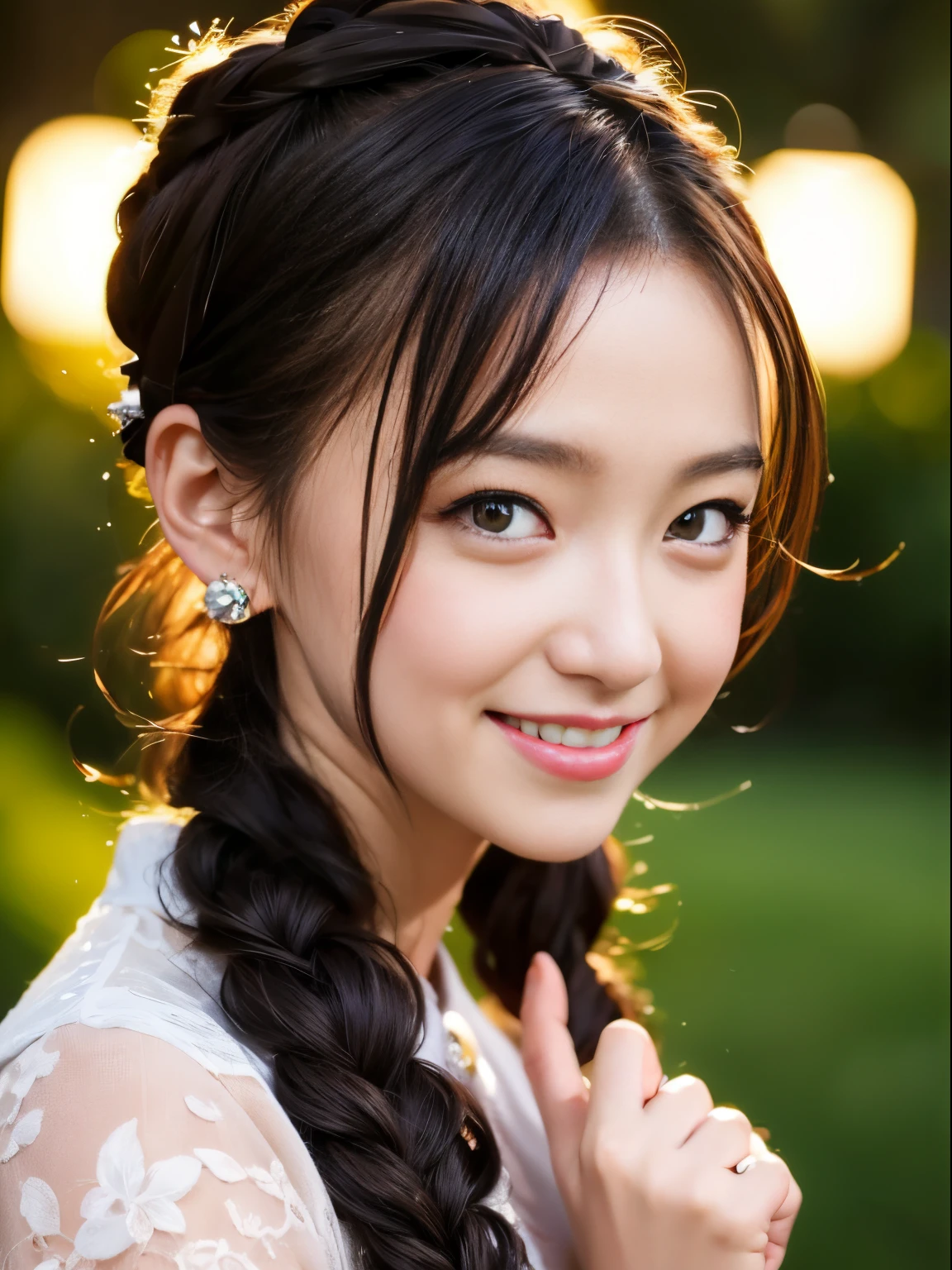 masutepiece, best, Night, fullmoon, 1 female, Mature Woman, Chinese style, Ancient China, Older sister, Royal sister, Smile, dark brown hair, Dark hair, Princess Cut, braid, Curly hair, Double ball head, pale pink lips, Calm, Intellectual, Medium Hair, green pupils, Hairpin, hydrangeas, Delicate face, Face Close-up, Hand close-up