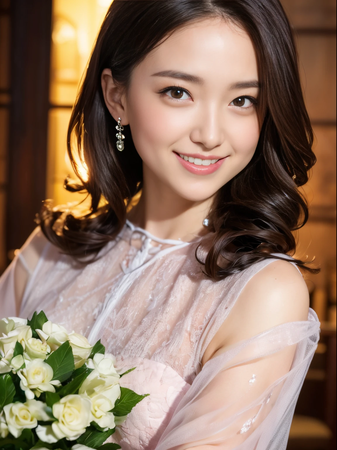 ((Best Quality, 8K, Masterpiece: 1.3)), 1 Girl, Slim Abs Beauty: 1.3, (Hairstyle Brown Hair Shortcut, Big: 1.2), Dress: 1.1, Super Slender Face, Delicate Eyes, Double Eyelids, Smile, Home, Raw Photo