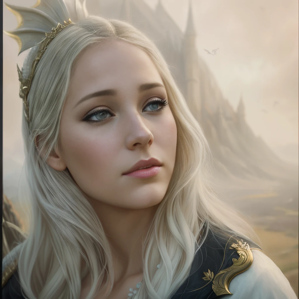 Arafed blonde woman with a dragon head and a white dress, the dragon girl portrait, graphic artist magali villeneuve, realistic fantasy illustration, fantasy art portrait, inspired by Magali Villeneuve, magali villeneuve', Portrait of a Dragon, hyperrealistic fantasy art, fantasy portrait art, Detailed matte fantasy portrait, fantasy portrait, beautiful fantasy art portrait