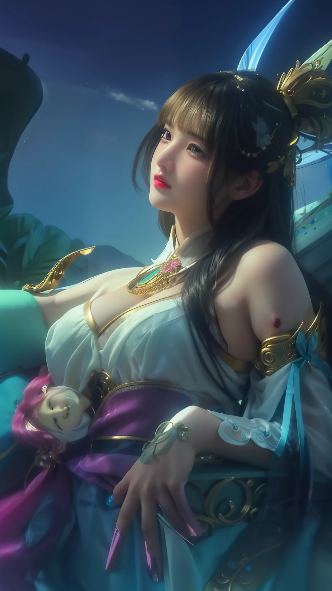 (8k, 4k, best quality, highres:1.2), (maasterpiece, realistic, photo realistic:1.37), 1girl, solo, beautiful face, eyelashes, nose, glossy lips, (detailed eyes, looking at viewer, fair skin, white skin:1.5), fine complexion, upper body, large breasts, busty,, (:1.5), outdoor onsen, two side up, absurdly long hair, blonde hair, pink hair, bangs, hair ornament, bow, younger, aged down