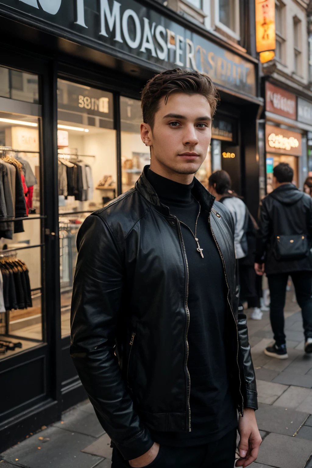 ((best quality)), ((masterpiece)), (detailed), perfect face,
Handsome guy, 24 years old, good looking, gothic, hacker, dominant, standing in city center. standing sideways with face looking at a clothing shop