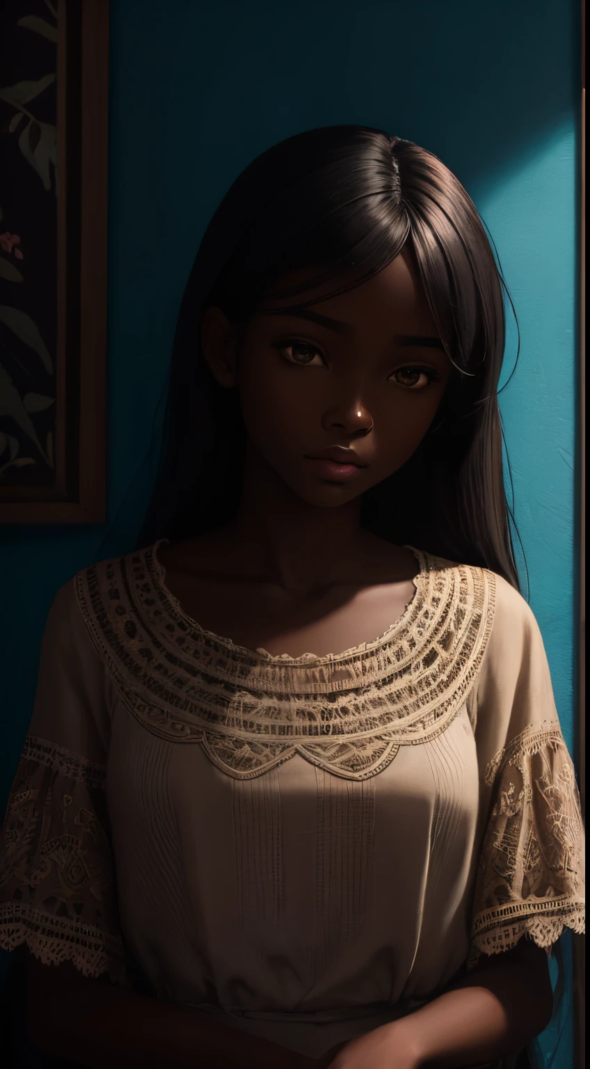 A brief moment of calm, beautiful black girl with cinnamon skintone, dark skin, neutral color lace clothing against the vibrant colors of a wall tapestry. Portrait shot with peach and cyan lighting , detailed intricate , in the style of James Jean and Thomas Kincaid , chiaroscuro, wabi sabi art style , obscura, beautiful, masterpiece, behance winning, oil painting, romanticism