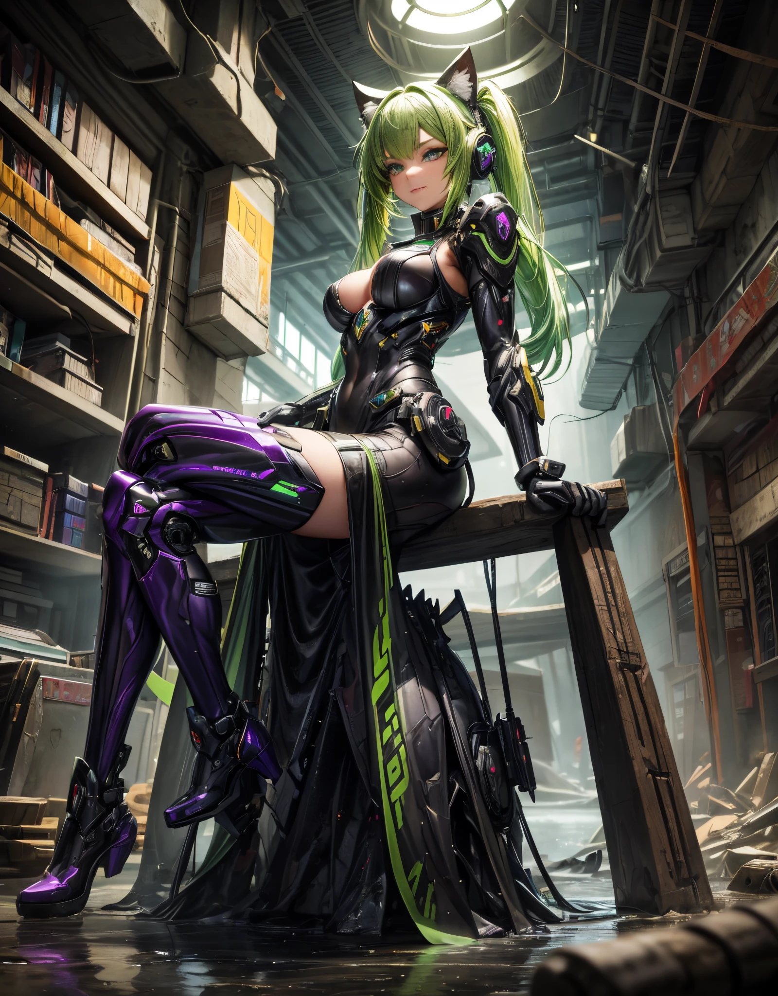 "Masterpiece in dystopian 8K resolution UHD high detail, with a mecha_musume purple_glitter style, vibrant green and yellow details, inspired by cyberpunk chaos. | Amid a dystopian underground setting, a stunning 30-year-old woman emerges elegantly, wearing a costume mecha_musume purple_glitter. Her costume stands out with green and yellow details, while imposing cybernetic boots accentuate her presence. Her pious eyes stare at the viewer, conveying mystery and determination. A graceful smile adorns her face, contrasting with the chaotic atmosphere around her . With cat-ear headphones, she appears immersed in her own world. Her short "light green" hair, with bangs and two pigtails, creates a fascinating contrast with the deteriorated environment of the underground oasis, filled with water clear, mud, pipes and crumbling concrete structures. An intriguing and horrifying vision of cyber horror. | {The camera is positioned very close to her, revealing her entire body as she adopts a sensual_pose, interacting with and leaning on a structure in the scene in an exciting way.} | ((perfect_pose):1), She is adopting a ((sensual_pose as interactions, boldly leaning on a structure, leaning back in a dynamic way):1.3), ((full body)), ((hands_with_5_fingers):1), ((perfect_hands):1), ((perfect_fingers):1), ((perfect_legs):1), better_hands, More Detail".