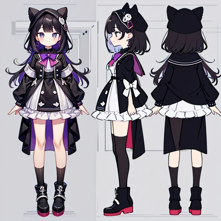 Chara Sheet,character reference sheet, 1 girl, CharacterDesignSheet, ((front-facing view, from side view)) symmetrical elements in clothing,the same character, Clothes simulation detection similar to CLO, Awesome designer, full body Esbian,Kuromi,Images of girls, Better hands, black tone, quill, Girly, Sweet Decoration,, dreamy scene, exquisitedetails, Small and exquisite, Sweet atmosphere, Romantic elements, Girlish emotions, Black, Purple and white clothes, cute purple decoration, Sweet smile,minidress,A dark-haired,Black hood,Black hoodie,Purple eyeshadow,Black platform boots,lots of ruffles,Student Council President