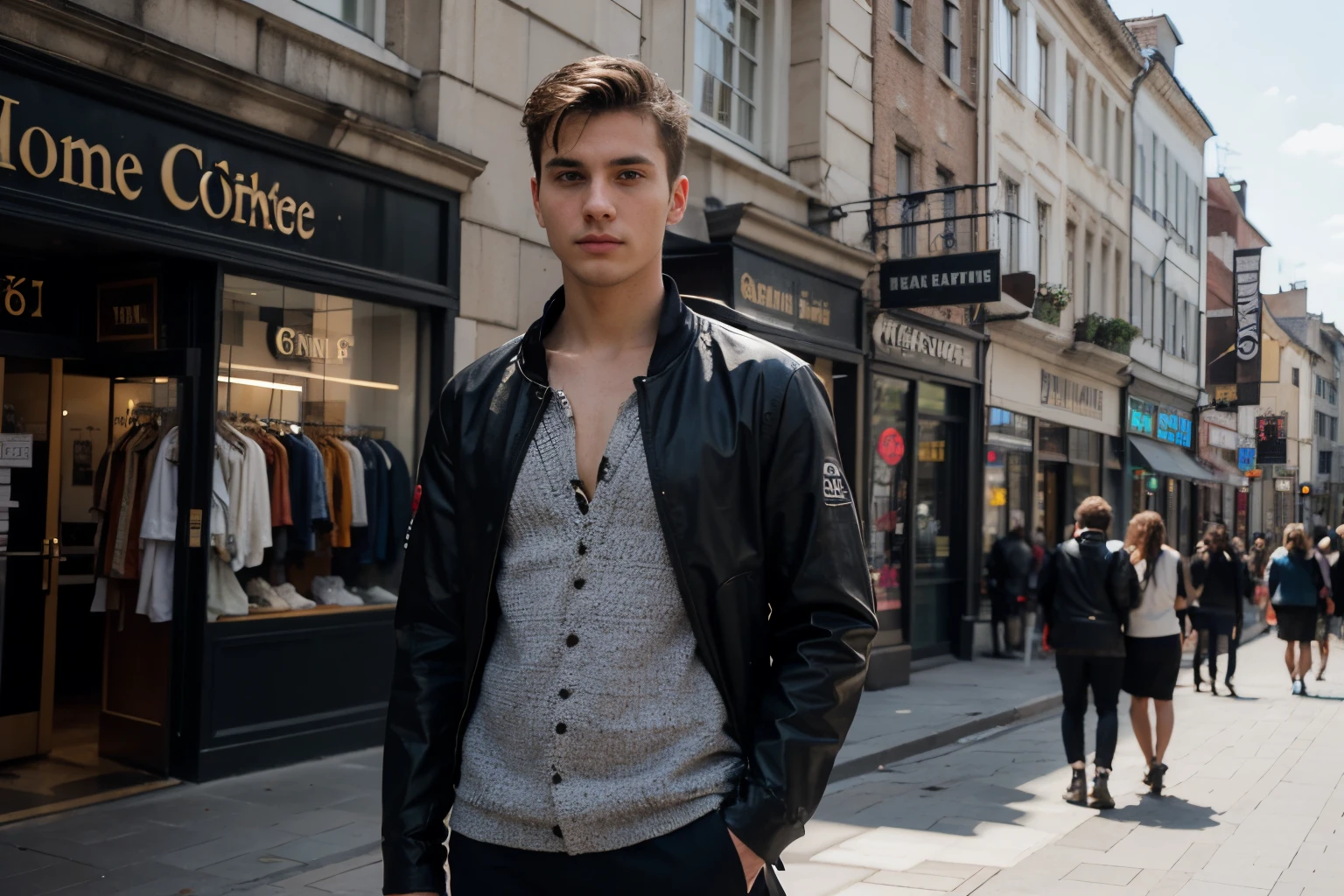 ((best quality)), ((masterpiece)), (detailed), perfect face,
Handsome guy, 24 years old, good looking, gothic, hacker, dominant, standing in city center. standing sideways with face looking at a clothing shop