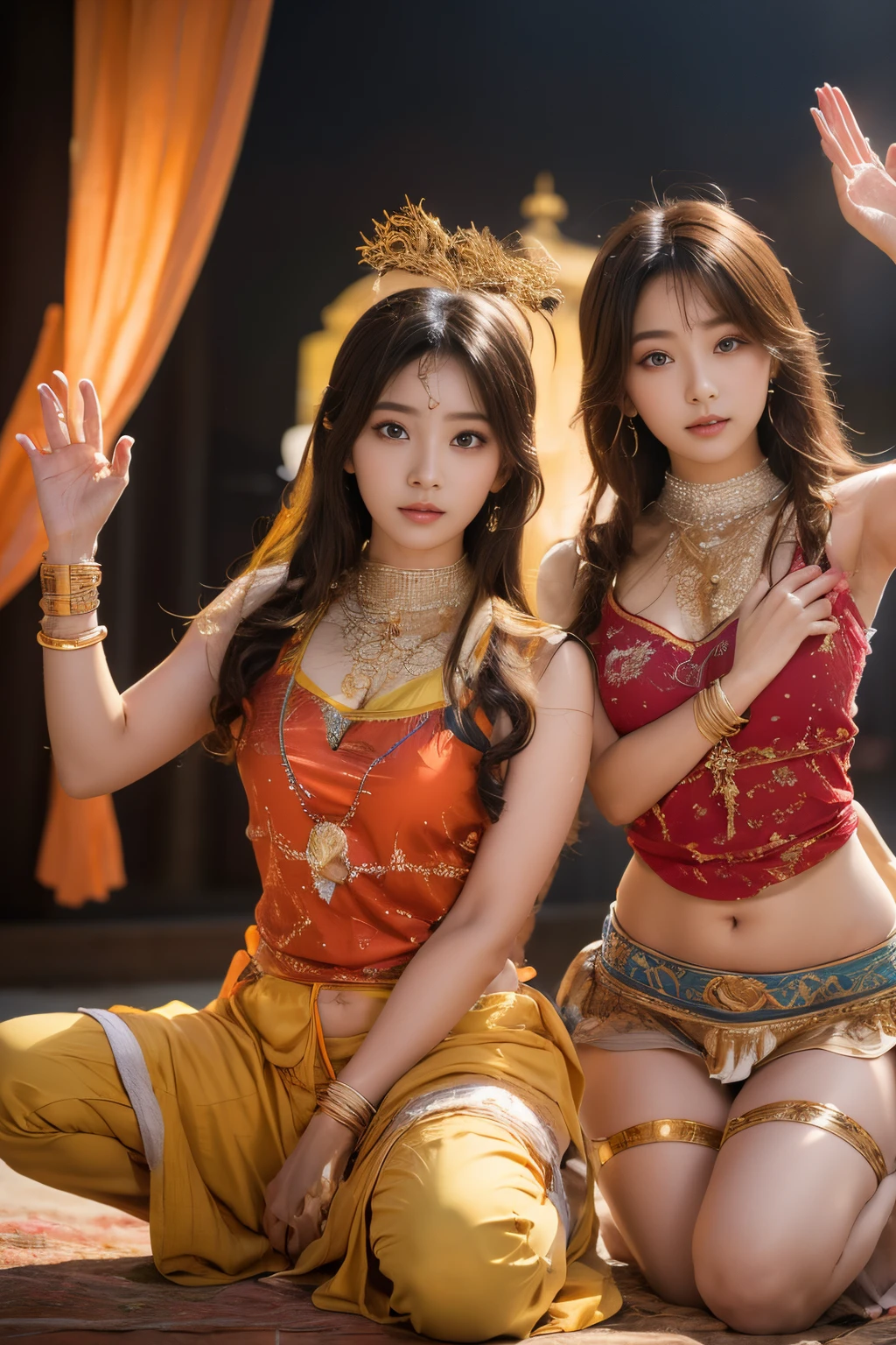 two girls anime who are a devotee of krishna,The proportions are the same for all races, All faces and pictures must be different, ulzzang -6500-v1.1, (Raw photo:1.2), (Photorealsitic), Beautiful detailed, (Real: 1.4), extremely detailed eye and face, beatiful detailed eyes,