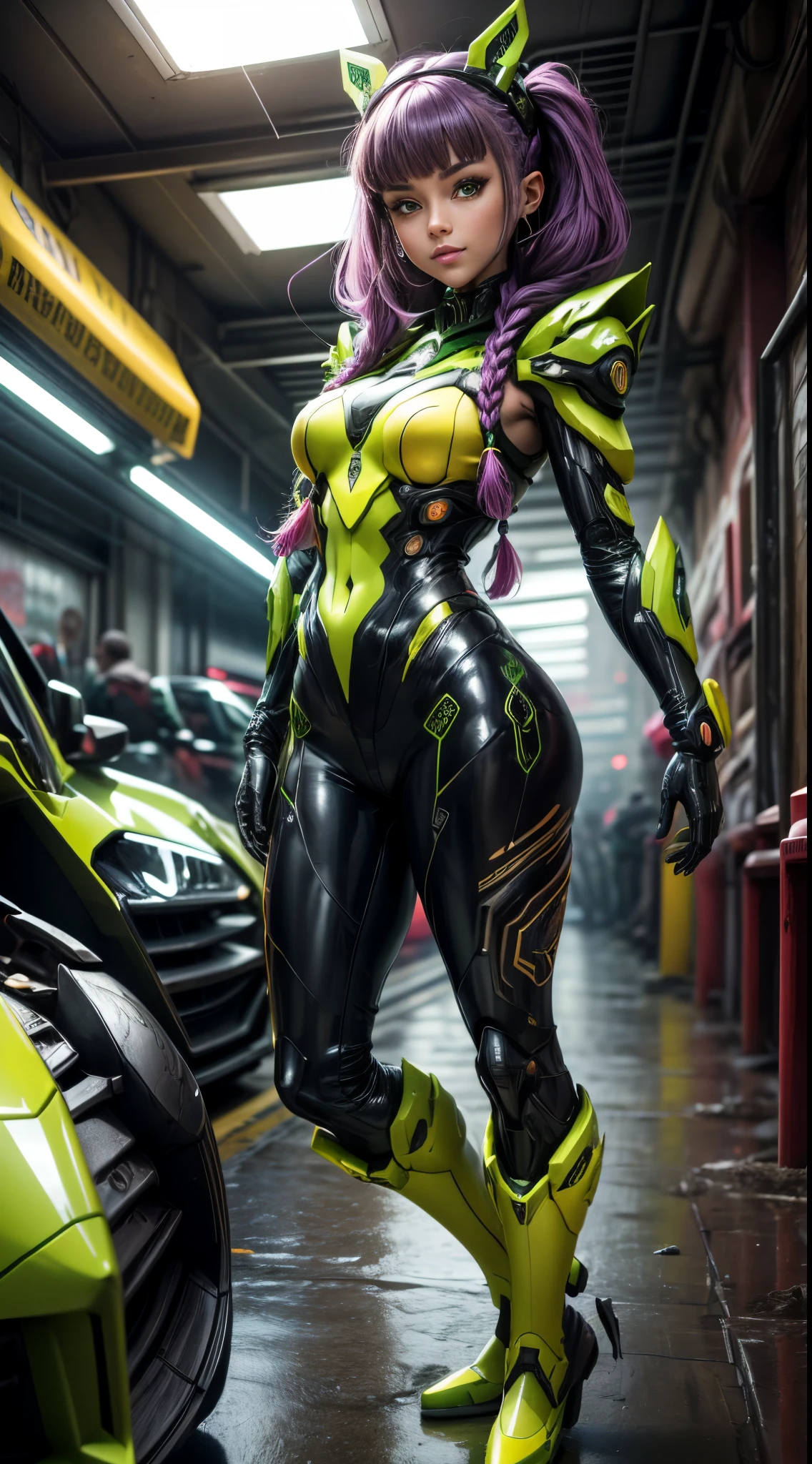 "Easterb in dystopian 8K UHD resolution with high detail, com um roxo brilhante_Musume_mecha estilo, detalhes vibrantes em verde e amarelo, inspirado no caos cyberpunk. | Amid a dystopian underground scenario, uma mulher deslumbrante de 30 anos aparece eogantemente, usa uma mecha roxa_Musume_Fantasia de Glitter. His costume is detailed with green and yellow details......, while imposing cybernetic boots accentuate his presence. Seus olhos piedosos olham para o espectador, conveying mystery and determination. Um sorriso gracioso adorna seu rosto, contrasting with the chaotic atmosphere around them. Com fones de ouvido tipo orelha de gato, she seems immersed in her own world. it's short "verde claro" Hair, with bangs and two braids, creates a fascinating contrast with the deteriorated environment of the underground oasis, full of clean water, , canos e estruturas de concreto arruinadas. An intriguing and horrifying look at cyberterrorism. | {The camera is positioned very close to her, revelando todo o seu corpo enquanto ela adota um _possing, interagindo e apoiando-se em uma estrutura da cena de uma forma emocionante.} | ((perfeito_Posando):1), She is adopting a ((_pose like interactions, apoiando-se calorosamente em uma estrutura, reclinado dinamicamente):1.3), ((corpo inteiro)), ((Hands_com_5_Peidos):1), ((perfeito_Hands):1), ((perfeito_missa):1), ((perfeito_o):1), Melhor_Hands, mais detalhes".