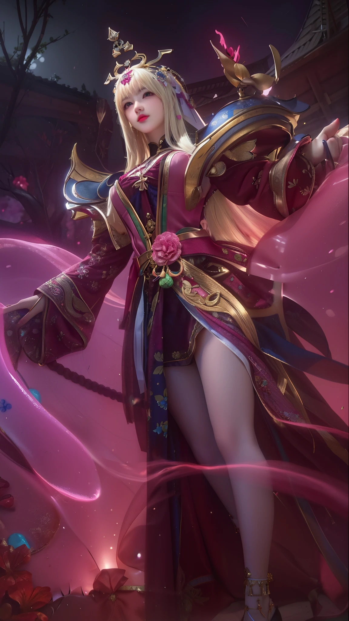 (8k, 4k, best quality, highres:1.2), (maasterpiece, realistic, photo realistic:1.37), 1girl, solo, beautiful face, eyelashes, nose, glossy lips, (detailed eyes, looking at viewer, fair skin, white skin:1.5), fine complexion, upper body, large breasts, busty,, (:1.5), outdoor onsen, two side up, absurdly long hair, blonde hair, pink hair, bangs, hair ornament, bow, younger, aged down