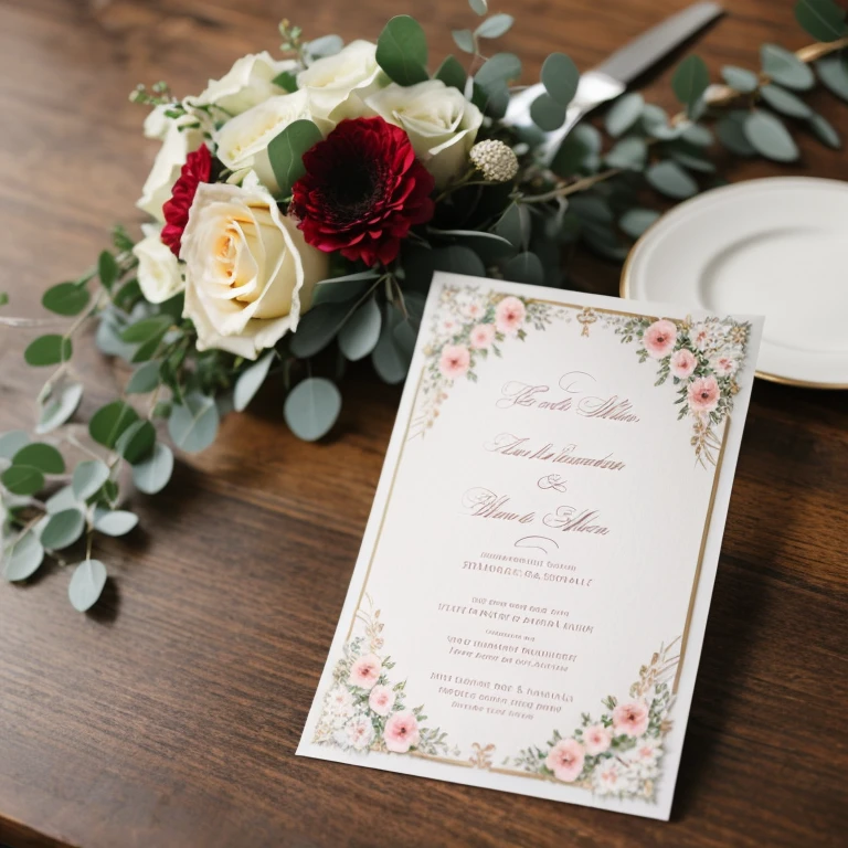 A white invitation lying on the table. The table is decorated with flowers and wedding elements. A hyper realistic image. 8k and very realistic