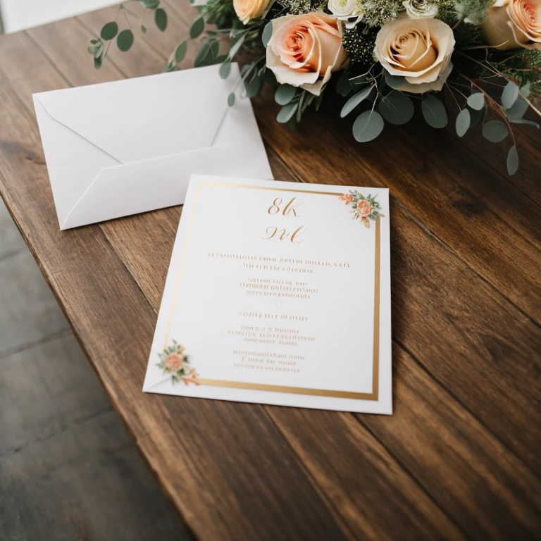 A white invitation lying on the table. The table is decorated with flowers and wedding elements. A hyper realistic image. 8k and very realistic