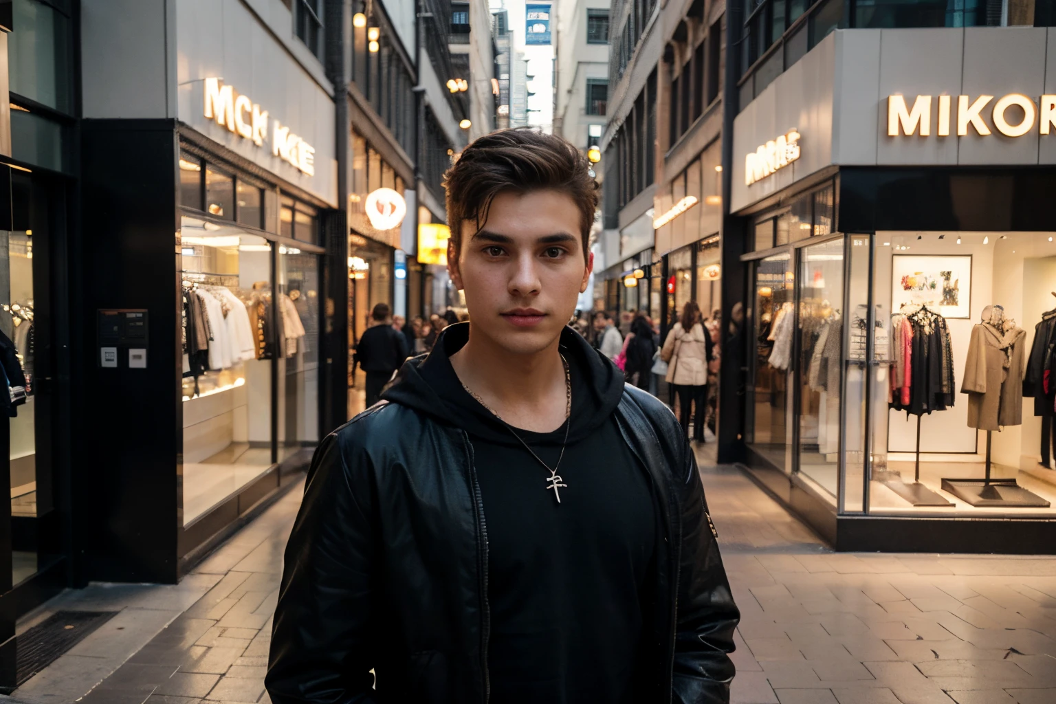 ((best quality)), ((masterpiece)), (detailed), perfect face,
Handsome guy, 24 years old, good looking, gothic, hacker, dominant, standing in city center. standing sideways with face looking at a michael kors clothing shop