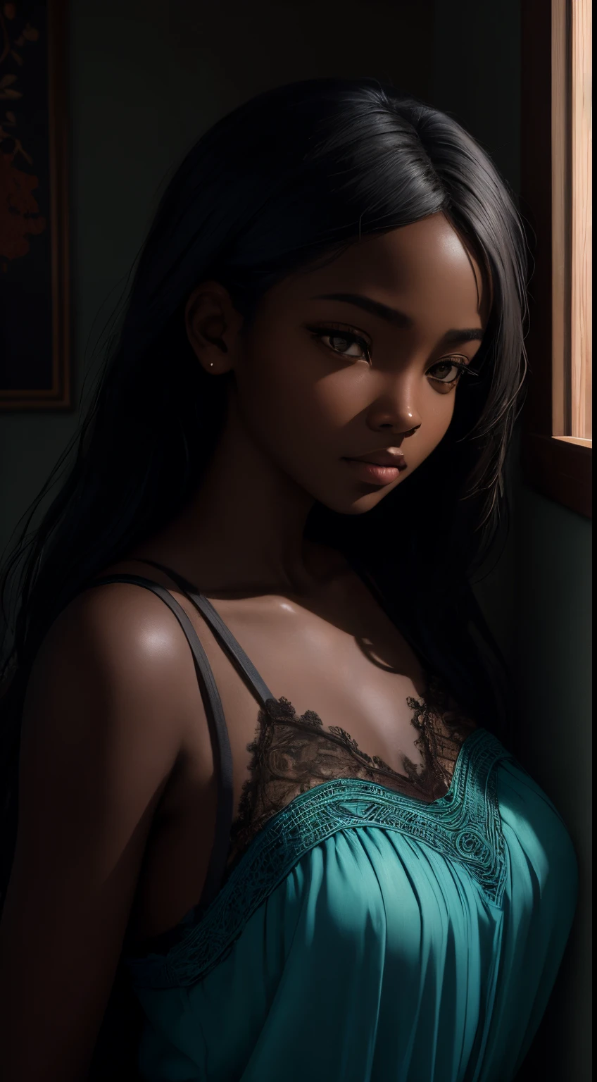 A brief moment of calm, beautiful black girl with cinnamon skintone, dark skin, neutral color lace clothing against the vibrant colors of a wall tapestry. Portrait shot with peach and cyan lighting , detailed intricate , in the style of James Jean and Thomas Kincaid , chiaroscuro, wabi sabi art style , obscura, beautiful, masterpiece, behance winning, oil painting, romanticism