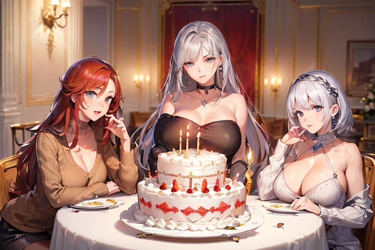 3 girls, group, (masterpiece, highest quality), (absurd absolute resolution), (8K), (beautifully detailed face and eyes), (detailed illustrations), (super fine illustrations), (vivid colors), (professional lighting), nice hands, perfect hands, cinematic angles, Dutch angles, viewer watching, ( close-up, happy pose: 1.5), 3 Girls (adult lady (middle age lady,40-year-old,), beautiful face, clean and detailed eyes, beautiful shining silver hair, long hair, braided hair, Russian style beauty, sensual body, shiny skin, beautiful legs, taut and beautiful breasts ( bust 95,), large breasts, light blue eyes, choker, earrings, necklace, shirt, cardigan, skirt: 1.5), 3Girls (beautiful woman (lady,-21-yearold,), adult female, beautiful face, beautiful, detailed eyes, beautiful shining silver hair, short hair, loose hair, bangs, Russian style beauty, shiny skin, beautiful legs, glamour, beautiful firm breasts (85, bust), light blue eyes, earrings, knit, sweater dress: 1.5), 3Girls (beautiful lady,23-yearold,), adult female, beautiful face, beautiful detailed eyes, beautiful shining hair, 2 color hair (beautiful chestnut hair, beautiful red hair 1:1.5), long hair, straight hair, bangs, Russian style beauty, standard build, shiny skin, nice legs, small breasts (bust size top 70,), purple eyes, earrings, choker, leather jacket, t-shirt, leather pants: 1.5), food (big cake, birthday cake: 1.5), table, around table, smiling, indoors, room, night,