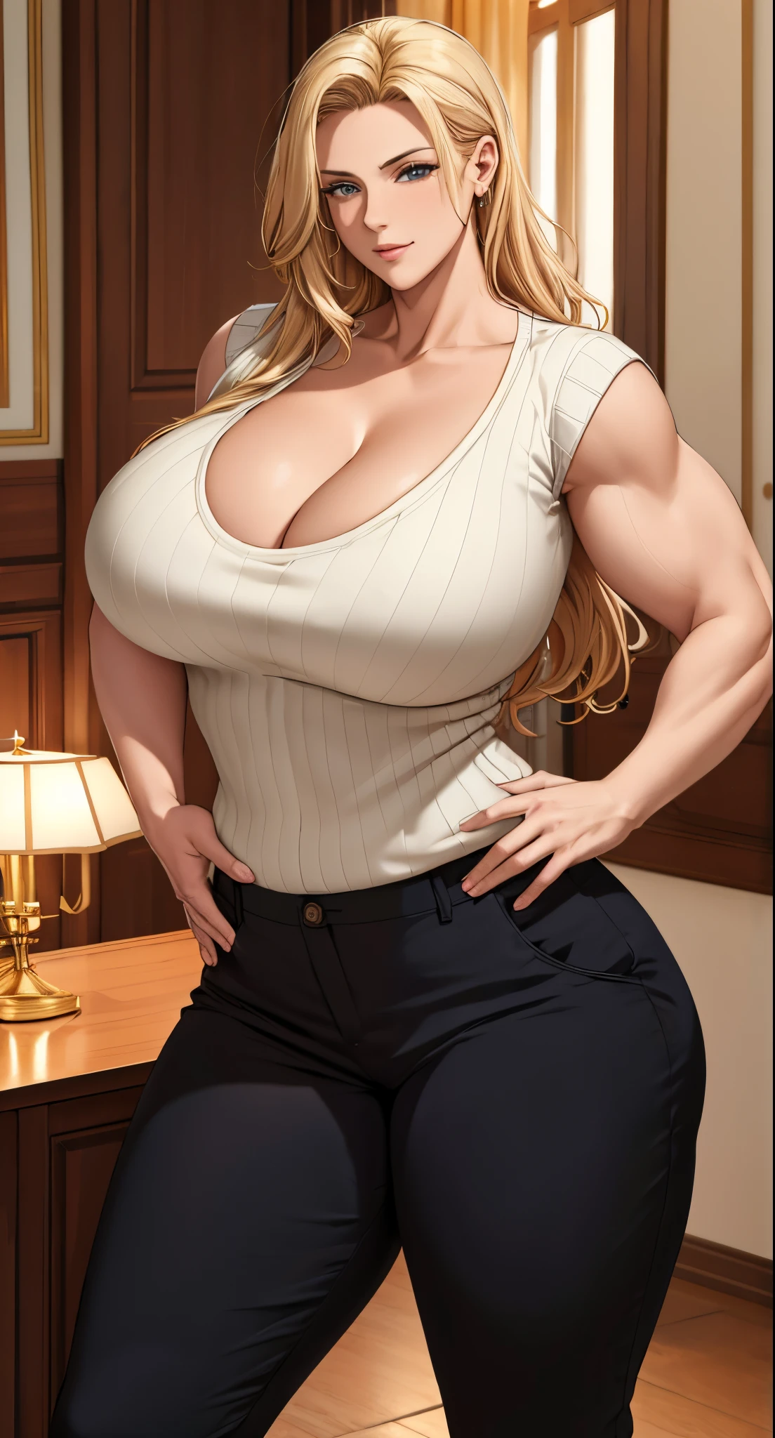 (masterpiece, best quality, high quality, highres:1.4), detailed, very tall, roupas apertadas , huge muscular body , bodybuilder, extremely detailed, vizinha gostosa , vestindo camisola, 4K, 1girl, (mature female, milf:1.2), long hair, Platinum blonde hair, large breasts, curvy , small waist, (Sweater, Dress pants, , cleavage), (indoor), (night), Hands on hips pose, defiance512