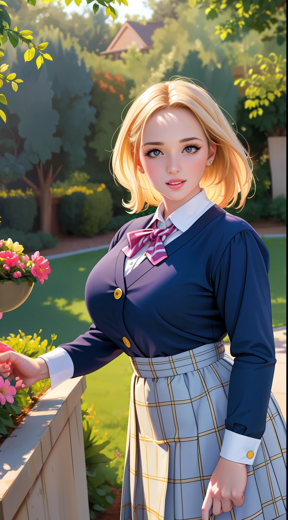 A beautiful, young schoolgirl stands in the center of a vibrant garden scene. Her eyes are captivating, detailed, and full of life, drawing you into her world. The detailed lips form a gentle smile on her face, adding warmth to the atmosphere. The girl's face and eyes are extremely detailed, providing a realistic and lifelike expression. Her long eyelashes gracefully frame her eyes, accentuating their beauty.

The girl is dressed in a traditional school uniform, with a pleated skirt and a crisp white blouse. The light breeze gently rustles her skirt and hair, adding a sense of movement to the scene. The sunlight filters through the leaves of the surrounding trees, casting a soft, warm glow on the girl's features. The vivid colors of the flowers create a joyful and lively backdrop, enhancing the overall atmosphere of the garden.

The artwork is created using a combination of mediums, blending the techniques of illustration, painting, and photography. The result is a masterpiece of art, with high-quality, ultra-detailed elements. The painting style leans towards the realistic and photorealistic, capturing the intricate details and textures of the scene.

The color palette is vibrant and harmonious, with an emphasis on pastel tones. Soft pinks, greens, and yellows dominate the composition, enhancing the innocence and youthful energy of the schoolgirl. The lighting is natural and enchanting, with gentle shadows and highlights illuminating the girl and the garden.

In summary, the prompt for this beautiful flat-chested schoolgirl artwork would be:

beautiful detailed eyes, beautiful detailed lips, extremely detailed eyes and face, long eyelashes, schoolgirl in a garden, traditional school uniform, flowing skirt, vibrant flowers, joyful atmosphere, medium: illustration and painting, high-quality, ultra-detailed, realistic, photorealistic, pastel color palette, natural and enchanting lighting.