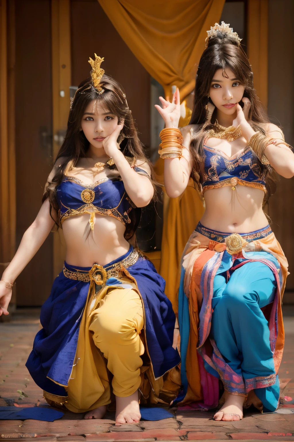 two girls anime who are a devotee of krishna,The proportions are the same for all races, All faces and pictures must be different, ulzzang -6500-v1.1, (Raw photo:1.2), (Photorealsitic), Beautiful detailed, (Real: 1.4), extremely detailed eye and face, beatiful detailed eyes,