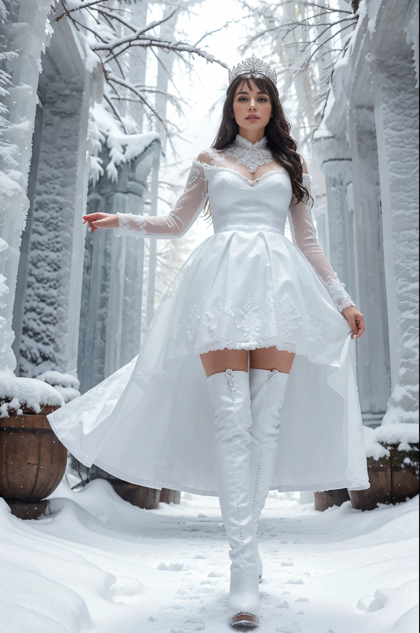 woman walking in a snowy magical foresе in a white lace dress and stiletto boots, on her head a crown of icicles, against the backdrop of an ice castle